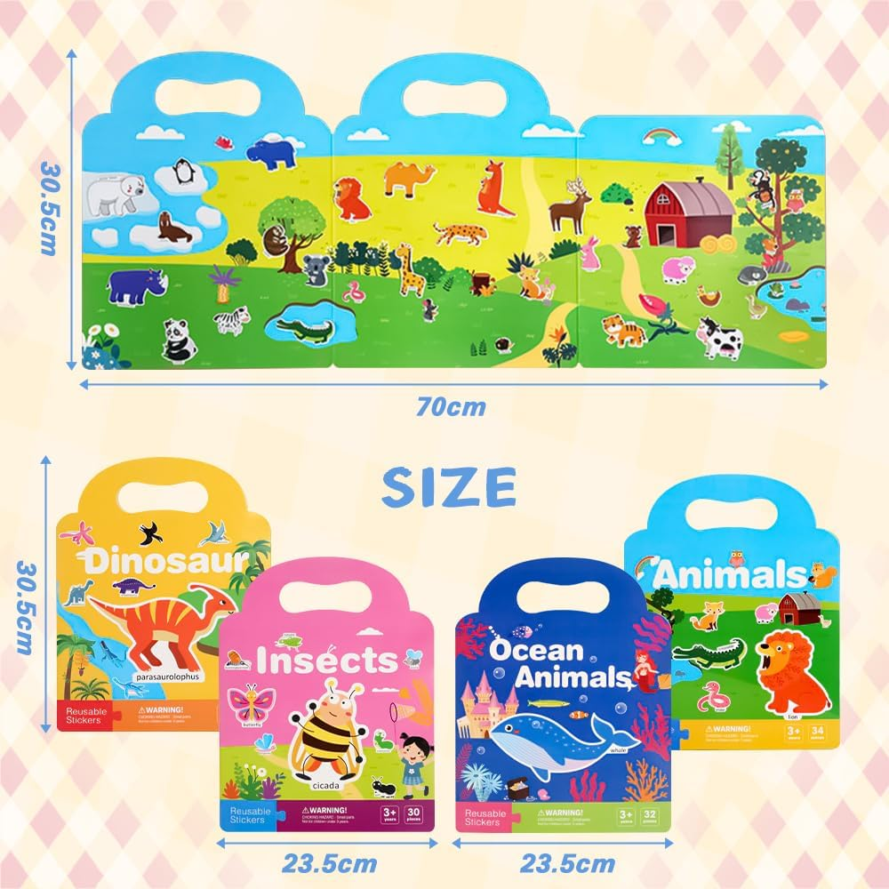 4 Pack Reusable Puffy Sticker Books for Kids, Yakiter Reusable Sticker Book for Kids 2-4, over 126+ Puffy Stickers, Includes Animals, Dinosaurs, Insects, Ocean Animals Themes image number 4