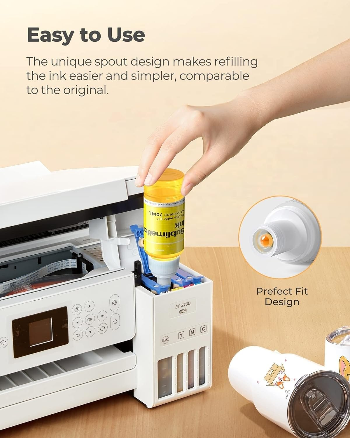 580ML Sublimation Ink Refilled Bottlescompatible for ET2400 ET2720 ET2760 ET2750 ET4800 ET-2800 ET-2803 ET-2850 Inkjet Printers Heat Press Transfer on Mugs T-Shirts image number 3