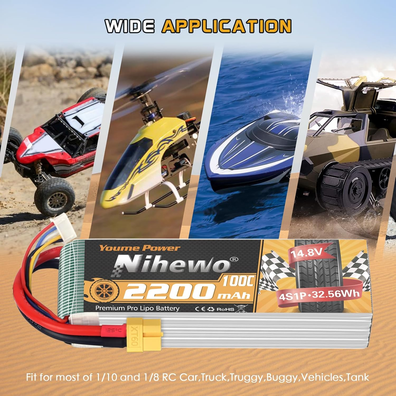 4S Lipo Battery 14.8V 2200Mah RC Battery Soft Case 100C with XT60 Plug for FPV Drone RC Quadcopter Helicopter Airplane Car Truck Boat Models (2 Pack) image number 5