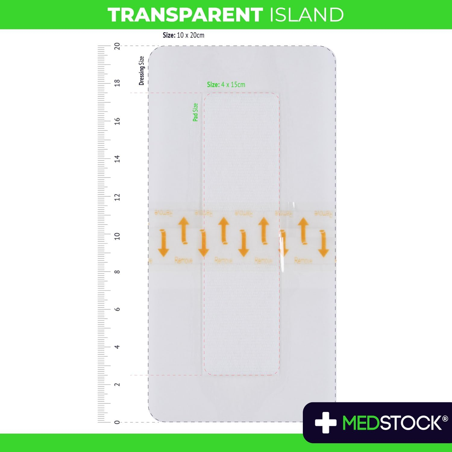 MEDSTOCK Transparent Island Dressing, 10CM X 20CM, 50 Count, Waterproof Dressing, Polyurethane Coat, Highly Breathable, Medical Grade, Acrylic Adhesive, Waterproof, Wound Monitoring and Healing