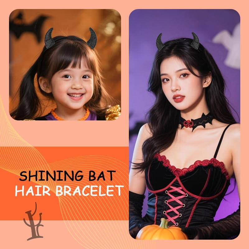 Glitter Devil Horn Headband Halloween Cosplay Costumes for Girls Women Black Horns Halloween Costume Accessories for Kids Adult Sparkly Bling Devil Horns Cosplay Horn Hair Accessories for Party Outfit image number 2