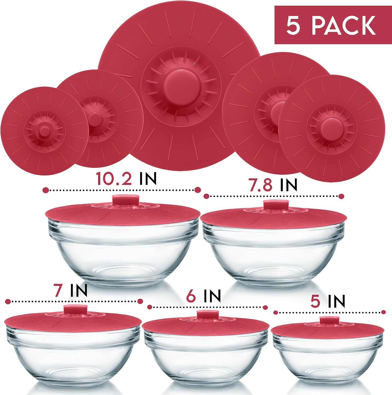 Silicone Bowl Lids Red, Set of 5 Reusable Suction Seal Covers for Bowls, Pots, Cups. Food Safe Natural Grip, Interlocking Handles for Easy Use and Storage. image number 5