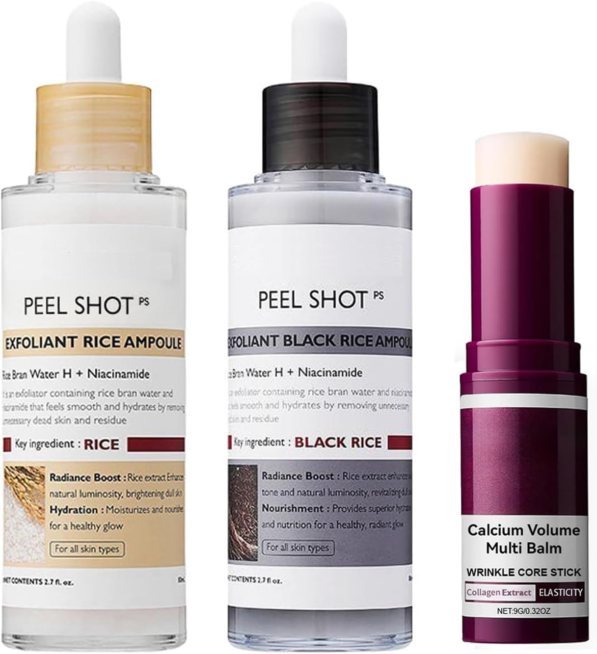 Peel Shot Black and White Rice Set + Calcium Multi Balm Stick for Eyes,Glow Rice Ampoule Duo for Glowing Skin,Gentle Soft Exfoliator with Brightening & Deep Hydration for All Skin Type