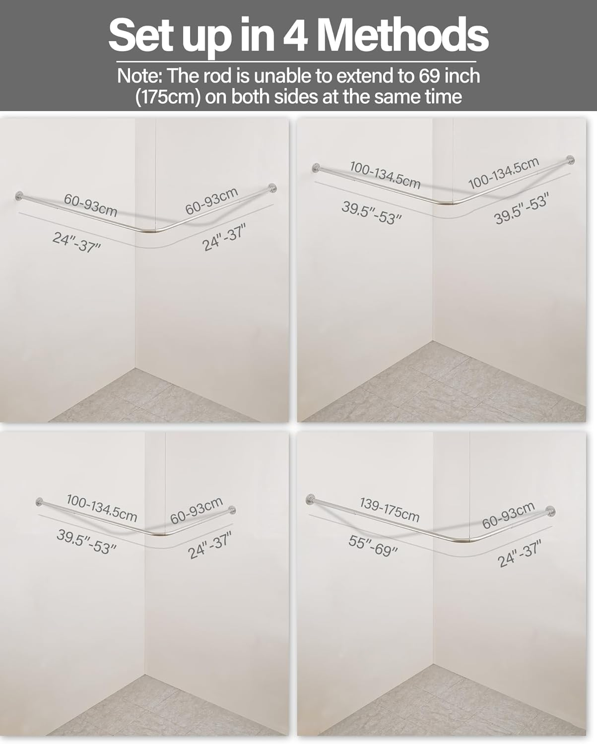 Crkmire Corner Shower Curtain Rod, Silver Gray [24"-53"] X [24"-53"] Adjustable L Shaped Shower Rod No-Sagging 90 Degree Curved Curtain Rod for Bathroom Bathtub with 12 Ring Hooks & Ceiling Support image number 6