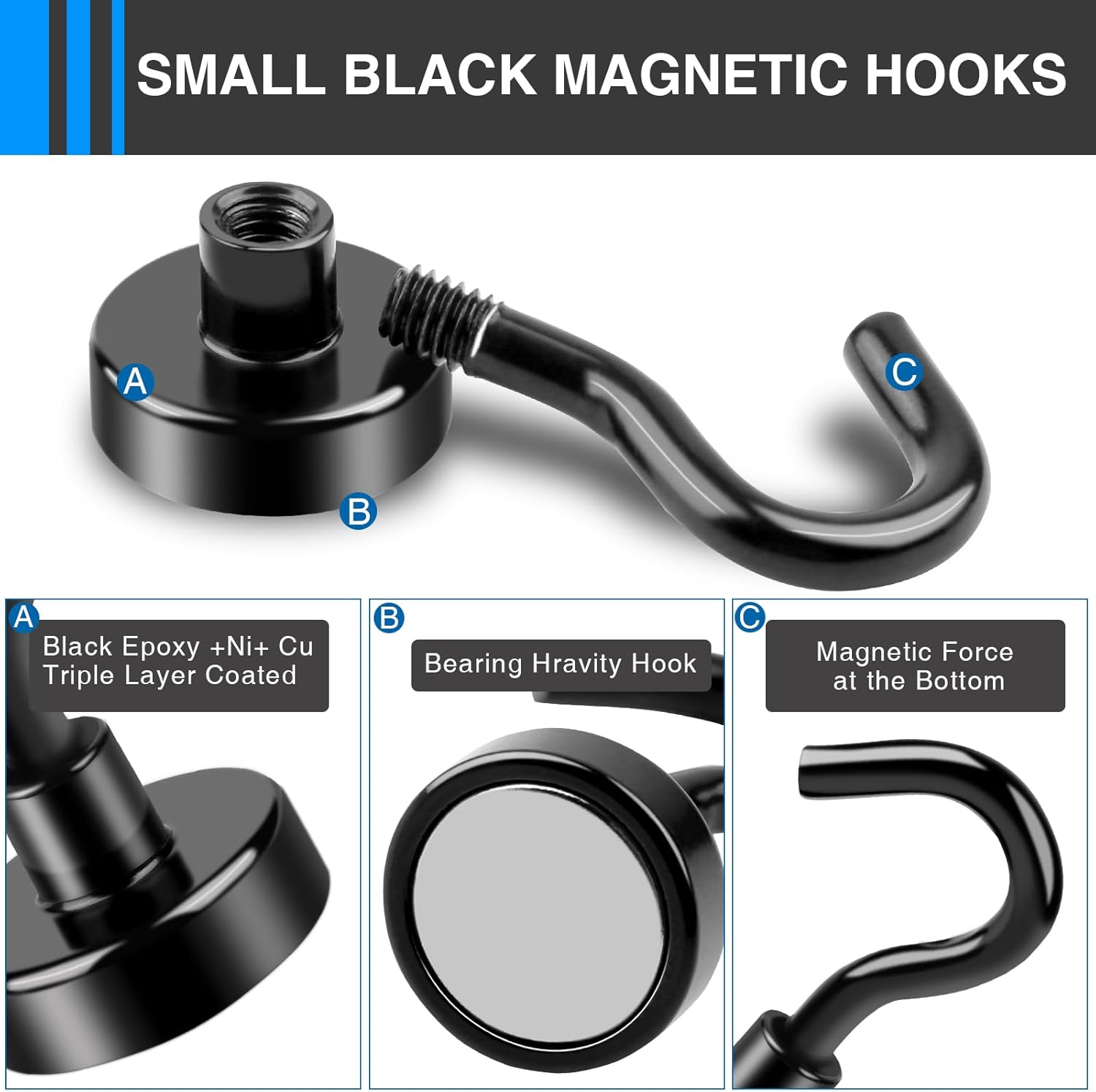 LOVIMAG Black Magnetic Hooks, 30Lbs Strong Magnetic Hooks Heavy Duty with Epoxy Coating for Refrigerator, Magnetic Cruise Hooks for Hanging, Classroom, Office, and Kitchen - Pack of 12 image number 5