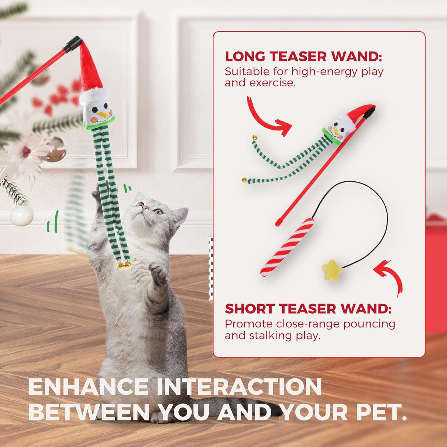 PAWZ Road Christmas Cat Toys 10 Piece Set Plush Santa Candy Cane, Reindeer Bell Ball, Mice & Feathers, Cats & Kittens image number 3