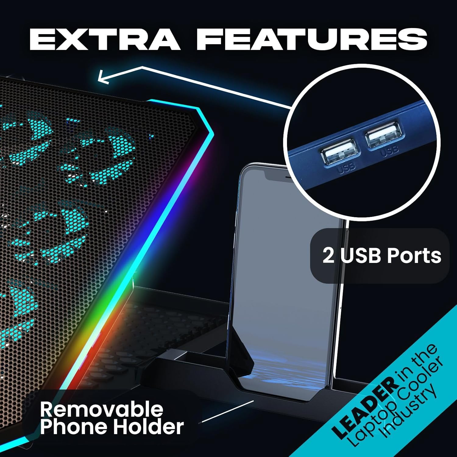 KLIM V14 Gaming Laptop Cooling Pad with 14 Fans + New Version + Gaming Laptop Cooler + Stable RGB Laptop Stand with Fan + Compatible up to 17" + 2 USB Ports + Phone Holder + 5 Year Warranty image number 5