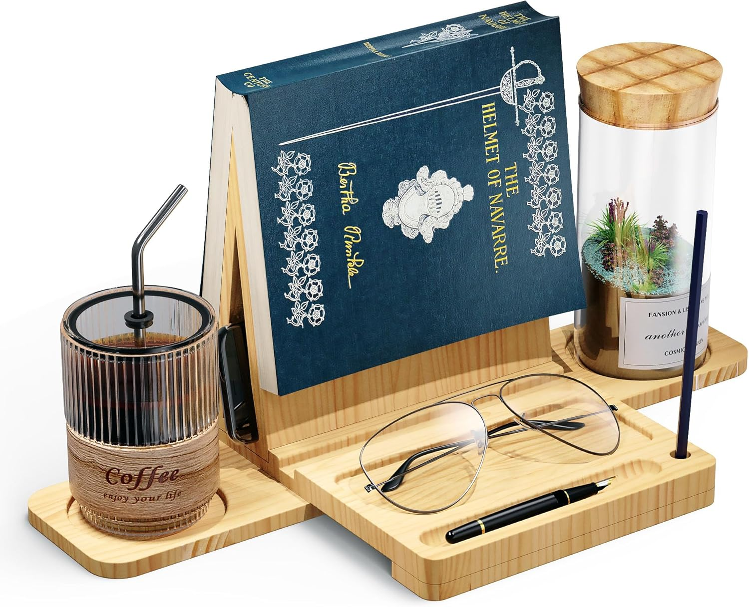 Triangle Book Holder Stand, Wooden Book Nook Reading Valet, Book Rest with Cup, Glasses & Pen Holder, YITOBA Book Display Stand for Reading in Bed, Coffee and Book Lovers (Yellow)