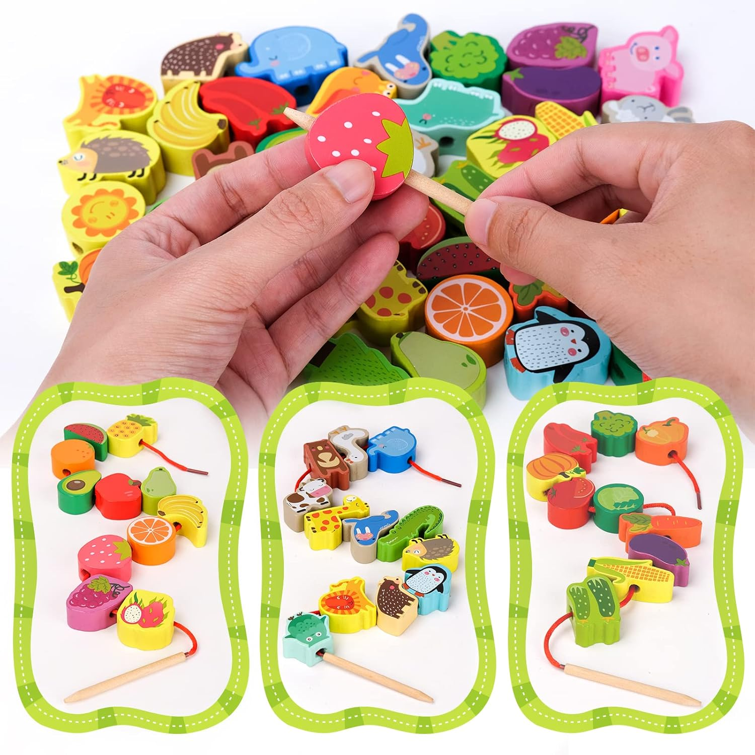 Montessori Toys for Toddlers 2-4 Year Old, Learning & Educational Toys Wooden Fruits & Animals Lacing Travel Sensory Toys for Girls Boys 1 2 3 Year Old Gifts Fine Motor Skills Kids Birthday Present