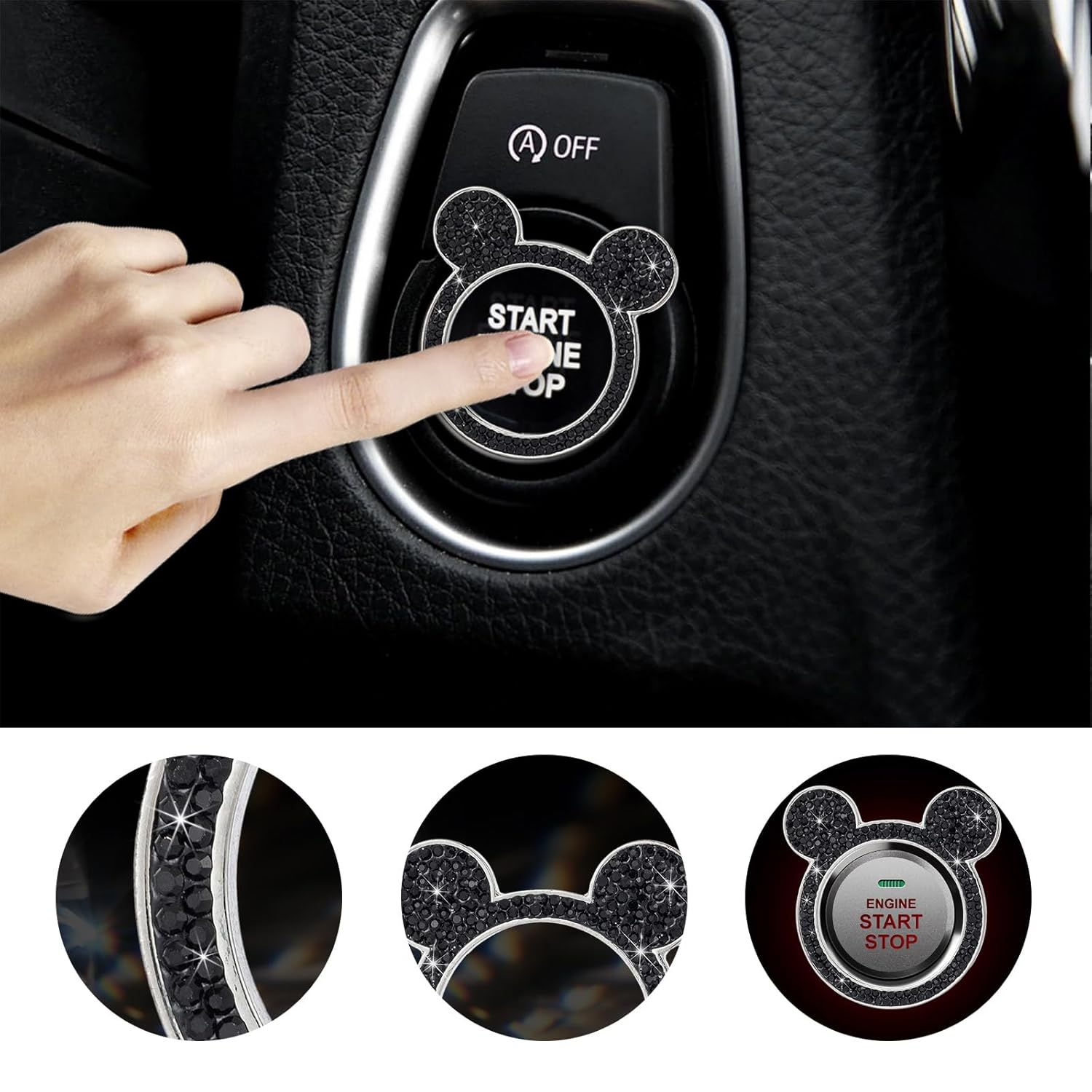 Augeny Bling Car Engine Start Button Cover, Rhinestone Key Ignition Knob Ring, Sparkling Push to Start Button Sticker for Women, Universal Car Accessories for Interior Decoration (1PC, Black)