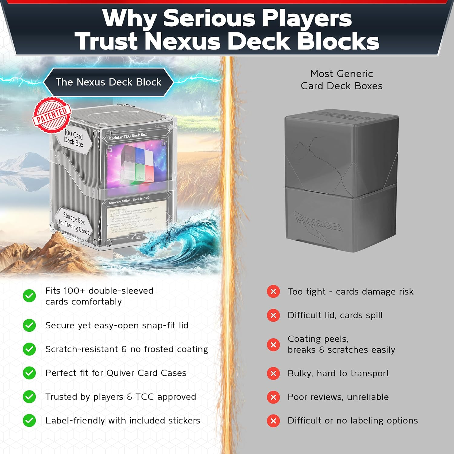 Quiver Time 360&deg; Modular Nexus Deckblock - Durable Stackable MTG Deck Box for Commander Fits 100+ Cards | Stylish 100 Card Deck Box MTG | Interchangeable TCG Decks Boxes (1 Pcs, Clear)