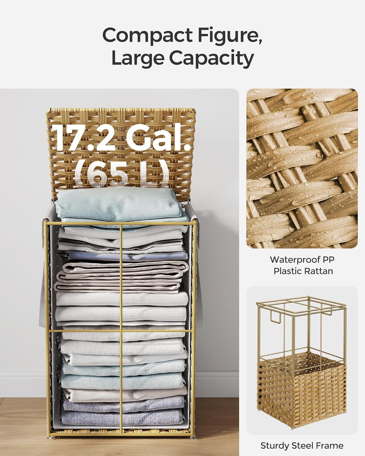 SONGMICS Laundry Hamper with Lid, 17.2 Gallon (65L) Synthetic Rattan Clothes Laundry Basket with Lid and Handles, Foldable, Removable Liner, Natural ULCB165N01