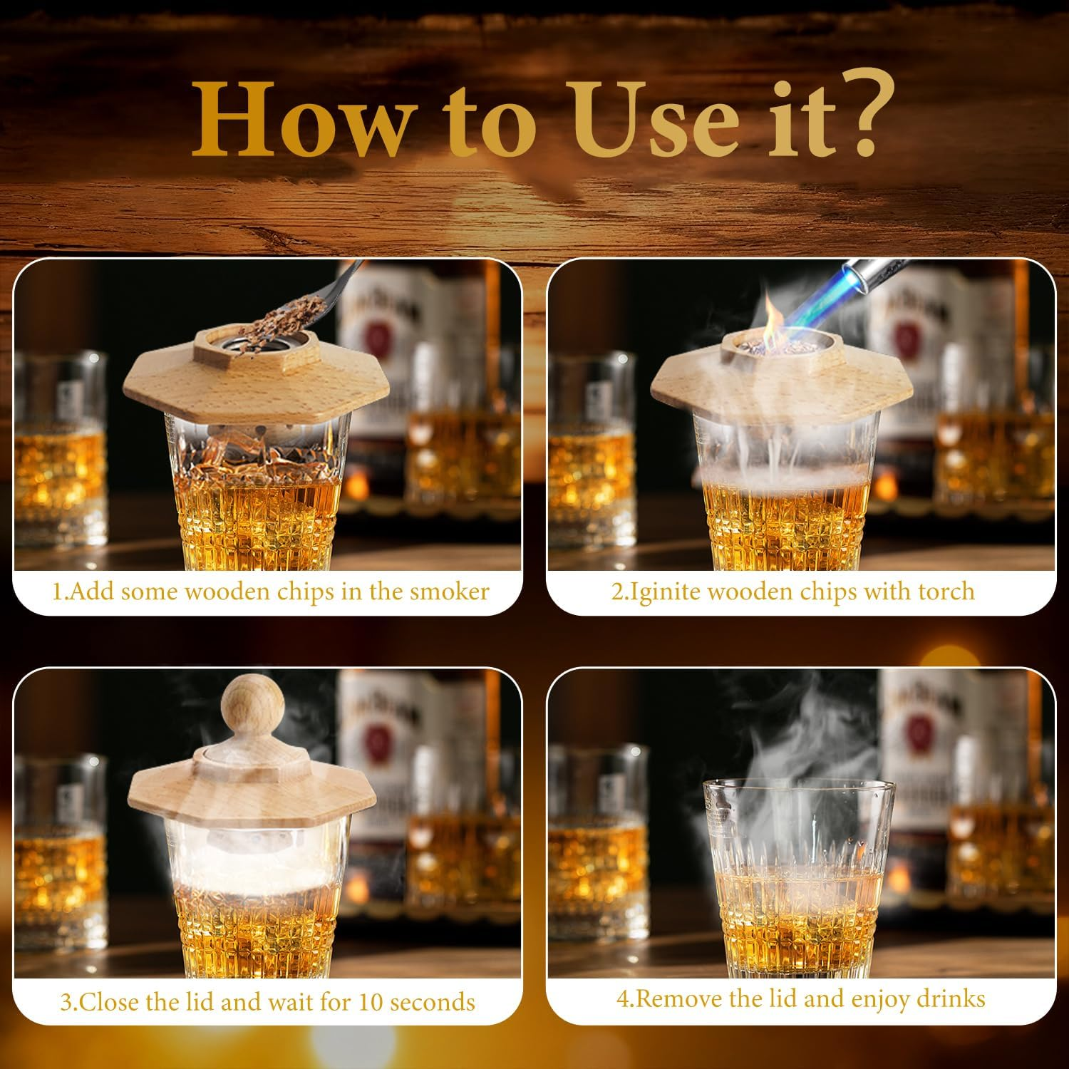 Whiskey Smoker Kit with Torch, Old Fashioned Cocktail Smoker Kit, Christmas Birthday Gifts for Him Dad Men Husband Grandpa, 6 Flavors Wooden Chips, 4 Granite Whiskey Stones, Ice Ball Included image number 2