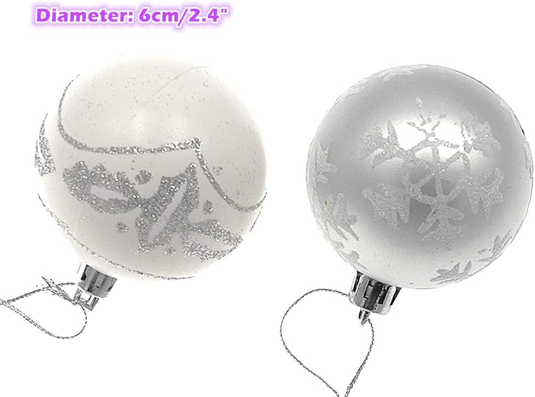 Alimitopia 24Pcs Christmas Ball Baubles,2.4" Shatterproof Assorted Painting Patterns Hang Balls Pendant for Xmas Tree Decoration(6Cm,Silver&White) - Style 2 image number 2