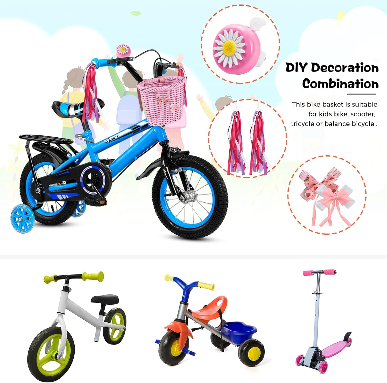 Kid'S Bike Basket for Girls Front Bike Accessories with Handlebar Streamers Cycling Ages 3-13 - Light Blue image number 2