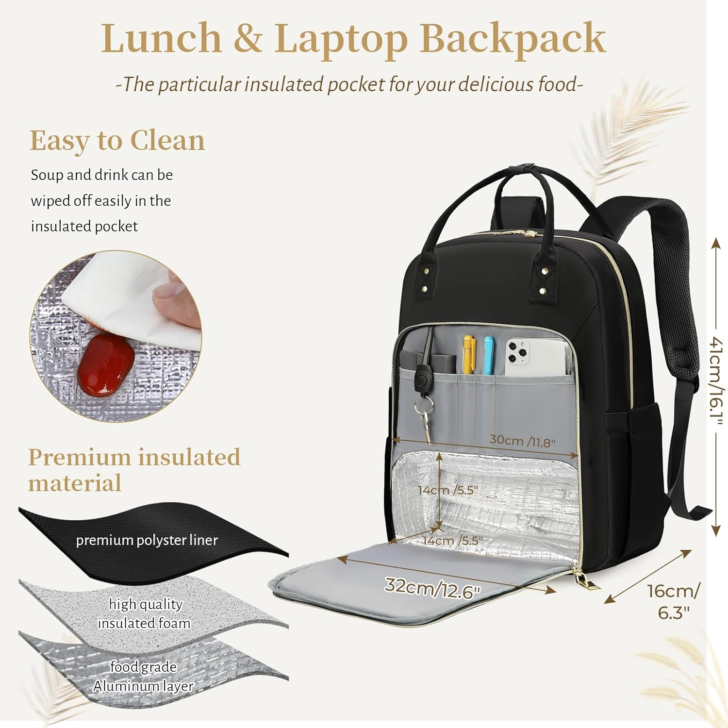 Lunch Backpack 15.6 Inch Laptop Backpack for Women Water Resistant Work Backpack with USB Charging Port Travel Business Backpack with Lunch Compartment