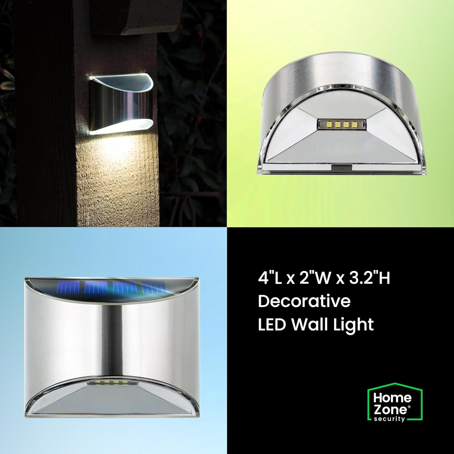Home Zone Security Solar Wall Lights - Decorative Outdoor Solar Fence Post and Step Lights, Weatherproof with No Wiring Required, Stainless Steel (4-Pack) image number 1