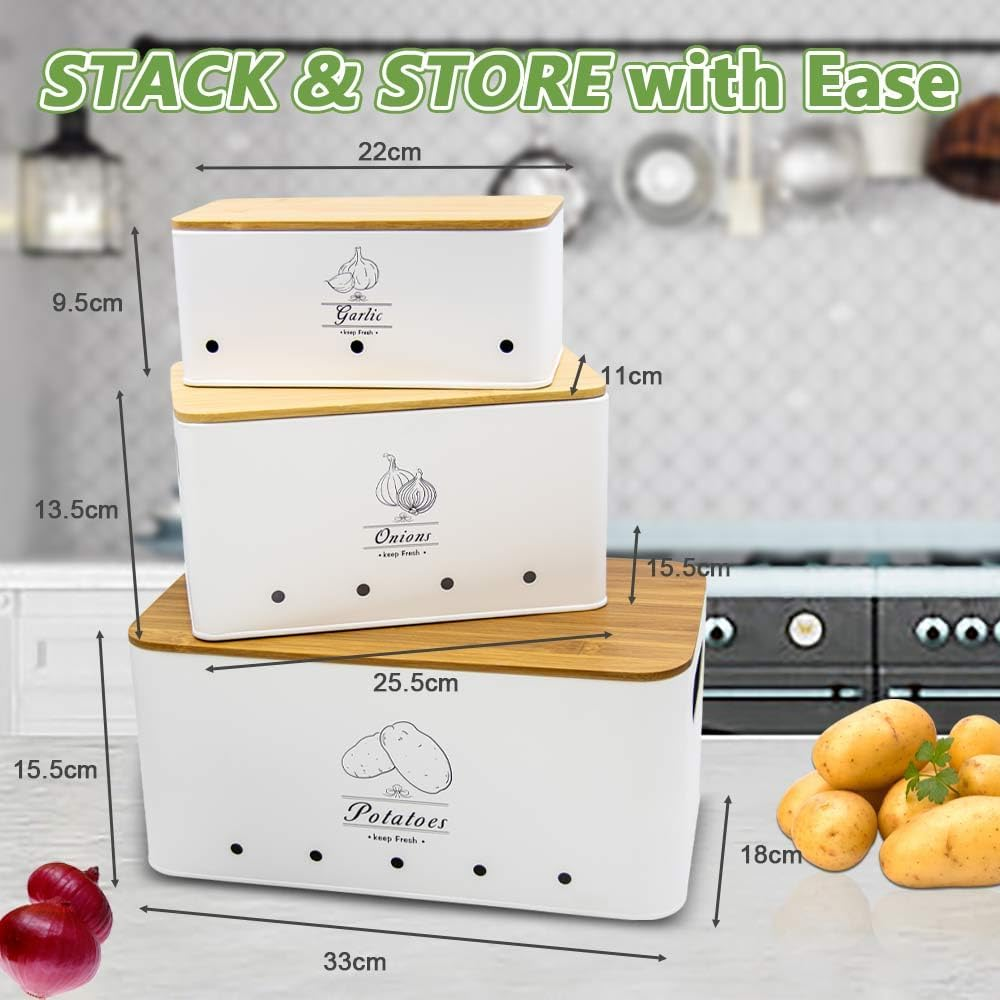 8PCS Kitchen Vegetable Storage Containers,Potato and Onion Garlic Storage Bin with Peeler,Slicer,Masher,Garlic Press & Cloth, Carbon Steel Potato Storage Box with Airflow & Wooden Lid (White) image number 1