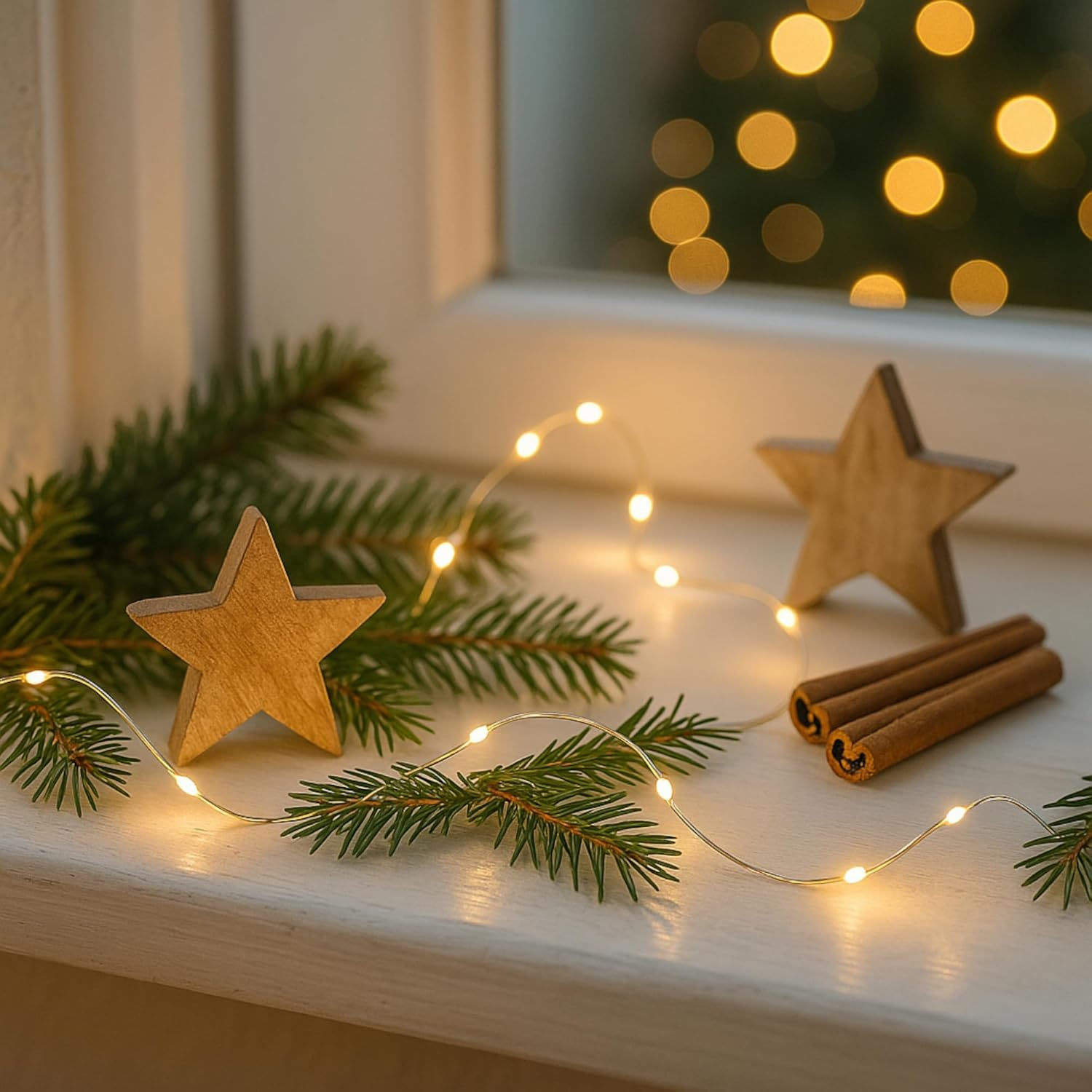 MIJOMA Micro LED Wire Fairy Lights, Warm White, 8 Functions with Twinkle Effect, Timer, Battery Operated, Silver Wire, IP44, for Indoor and Outdoor Use, Atmospheric Christmas Lighting (495 Cm - 100 image number 1