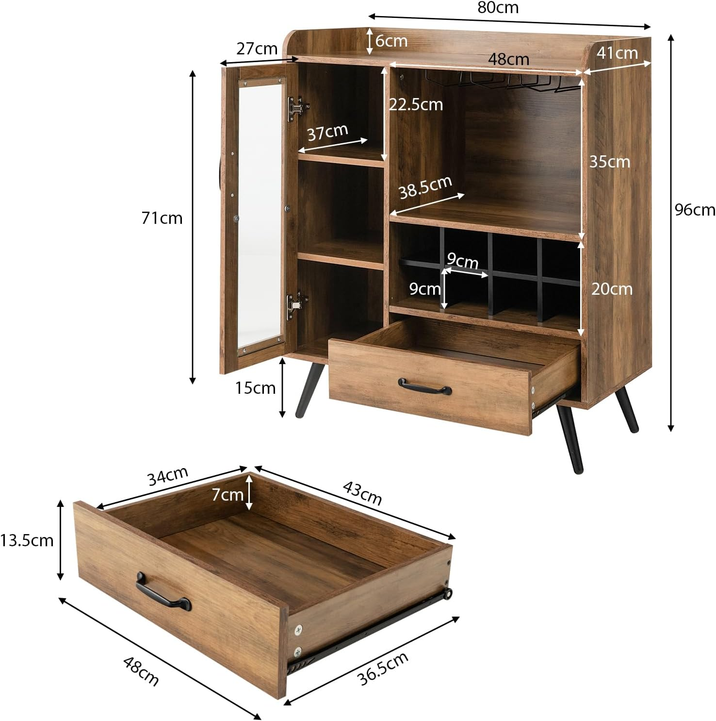 Giantex Buffet Sideboard, Wine Cabinet with Removable Wine Rack, Drawer, Shelves, Tempered Glass Door & Glass Holder, Wooden Wine Storage Sideboard for Kitchen Dining Room Living Room image number 2