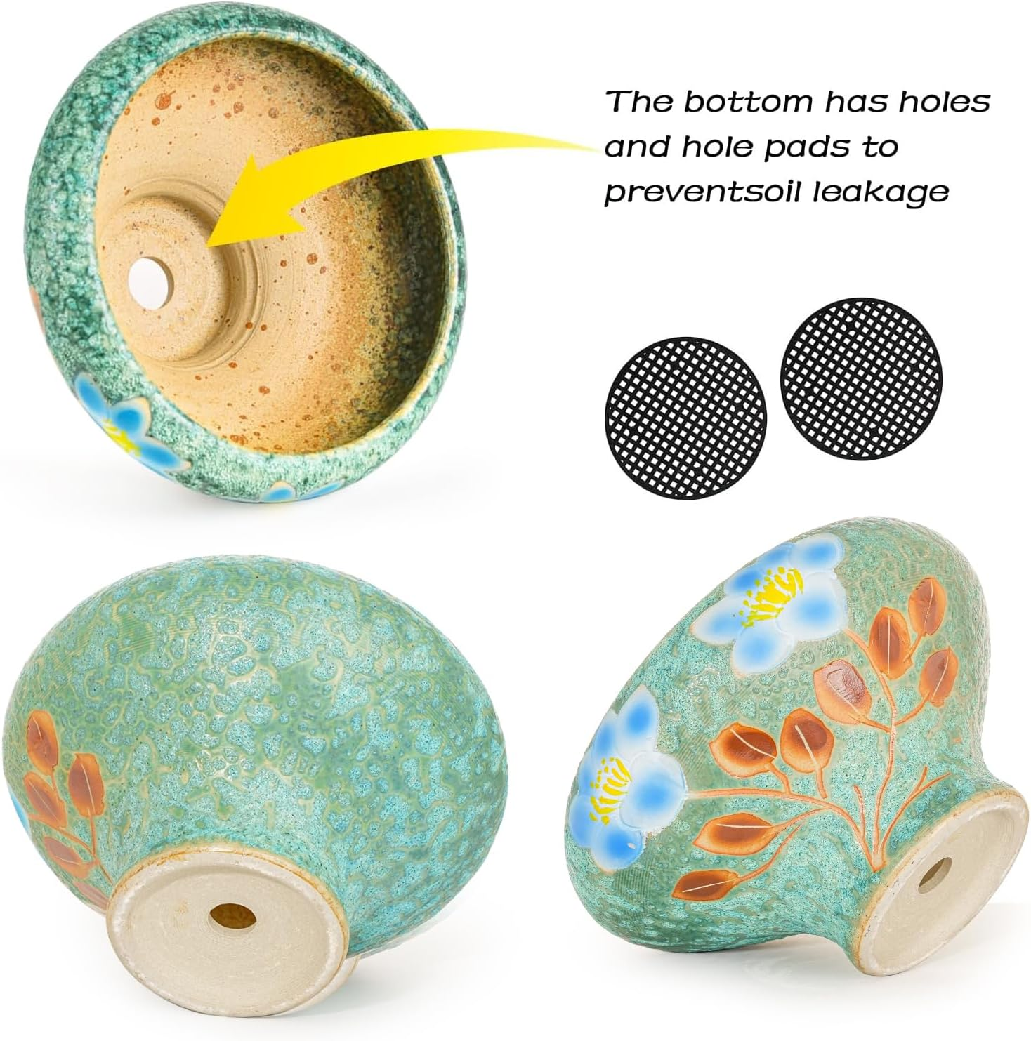 Sungmor Beautiful Handicrafts Ceramic Planters - 9.6 Inch Large Hand Painted Succulent Plant Pot with Drainage - Pretty Desktop Windowsill Landscape Flowerpot - Home & Office Decor Pots