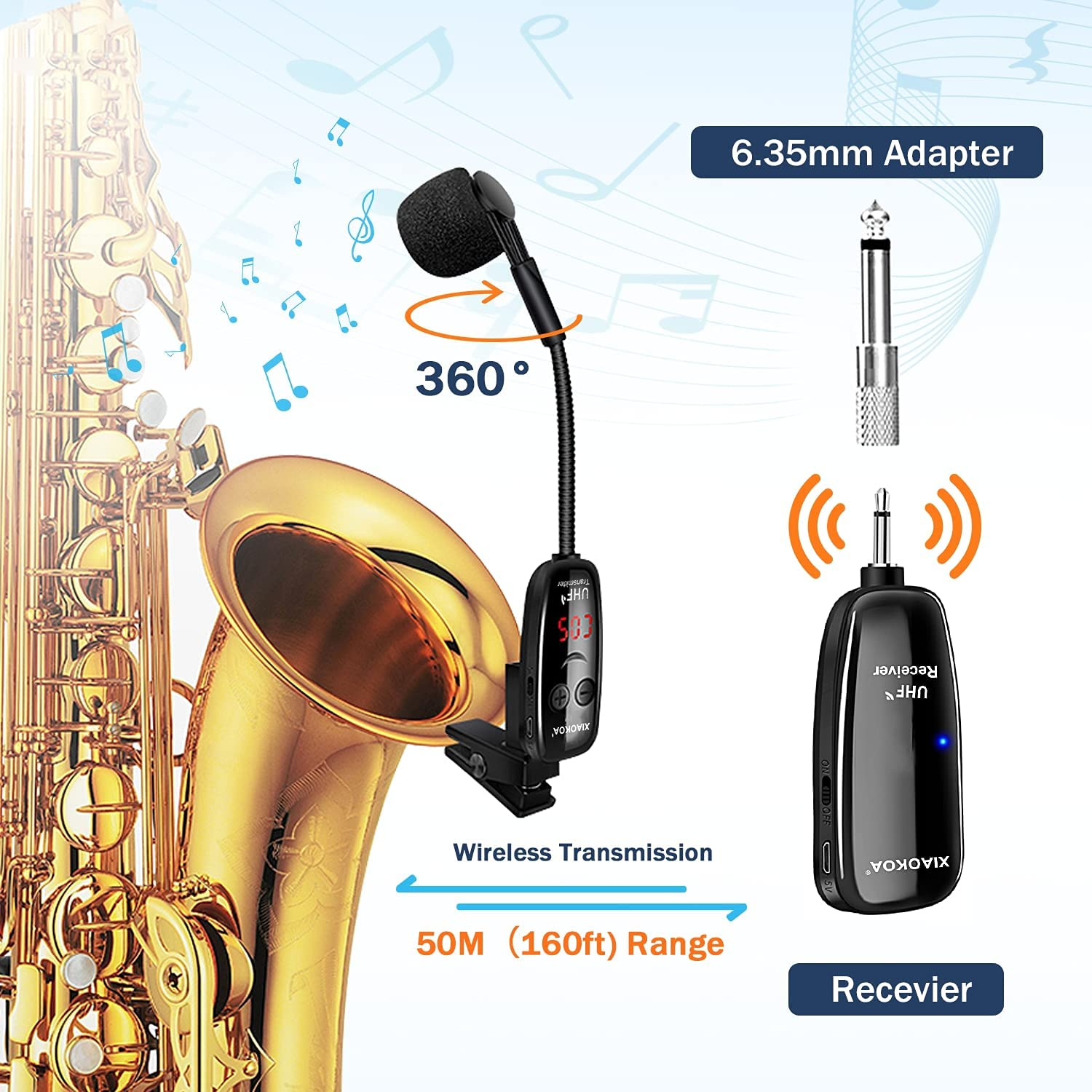 XIAOKOA UHF Wireless Instruments Microphone,Saxophone Microphone,Wireless Receiver and Transmitter,160Ft Range,Plug and Play,Great for Trumpets, Clarinet, Cello image number 5