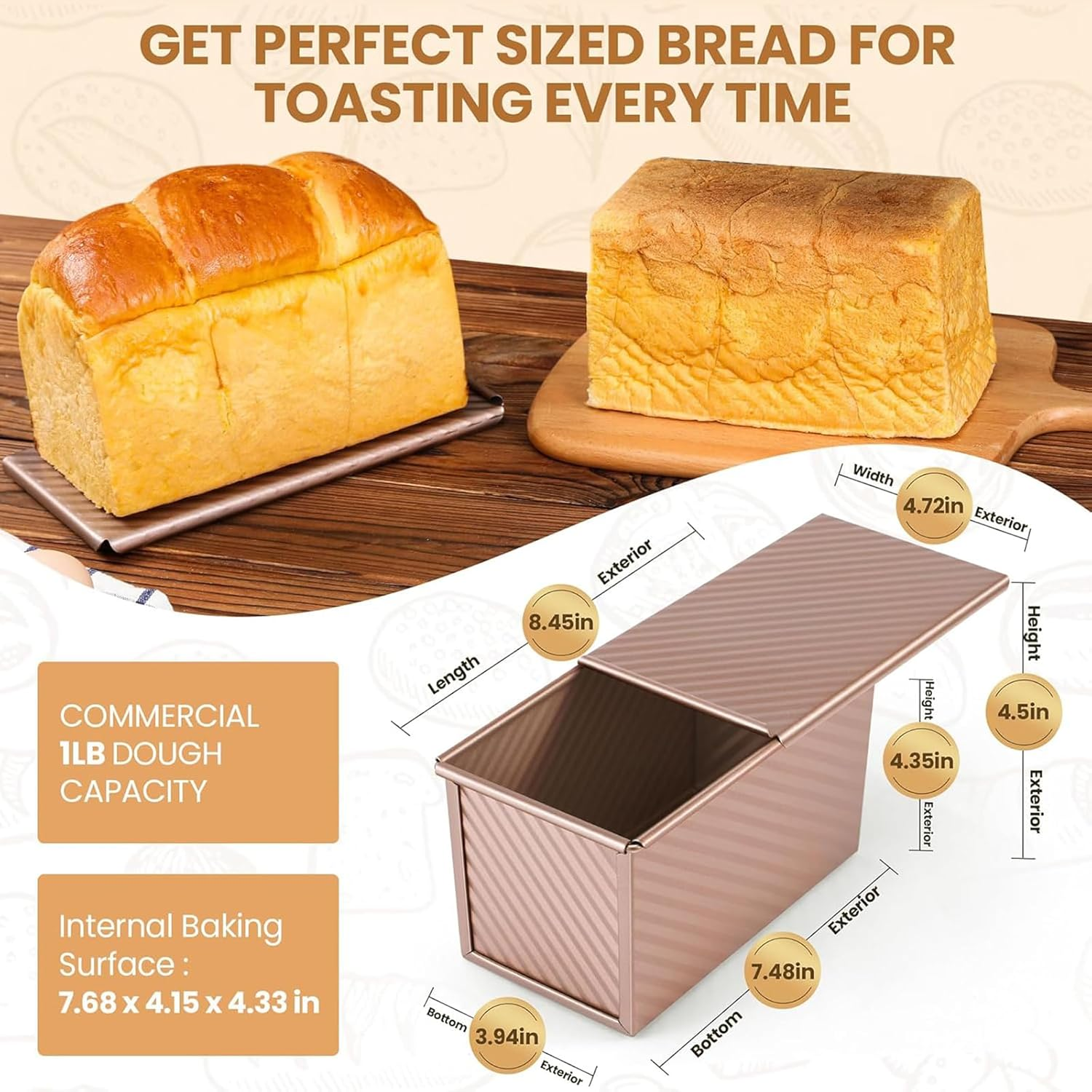 Swascoger Pullman Bread Pan with Lid, 1Lb Non-Stick Carbon Steel Loaf Pan - Corrugated Bakeware Mold for Perfect Sandwich & Toast Bread, Large Capacity Baking Tool