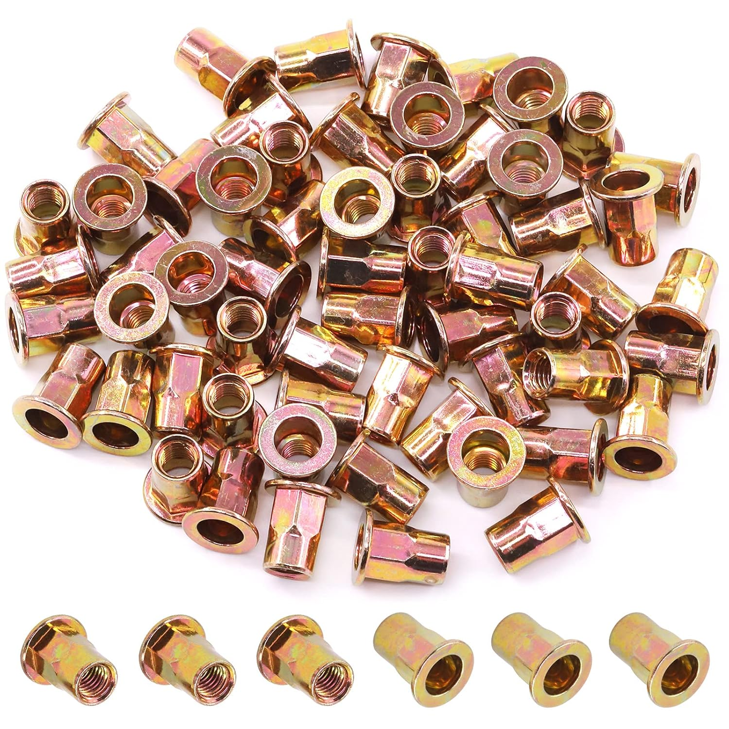 Mardatt 60Pcs M8 Metric Hex Rivet Nut Assortment Kit, Zinc Plated Carbon Steel Hex Rivnut Flat Head Threaded Insert Nutserts