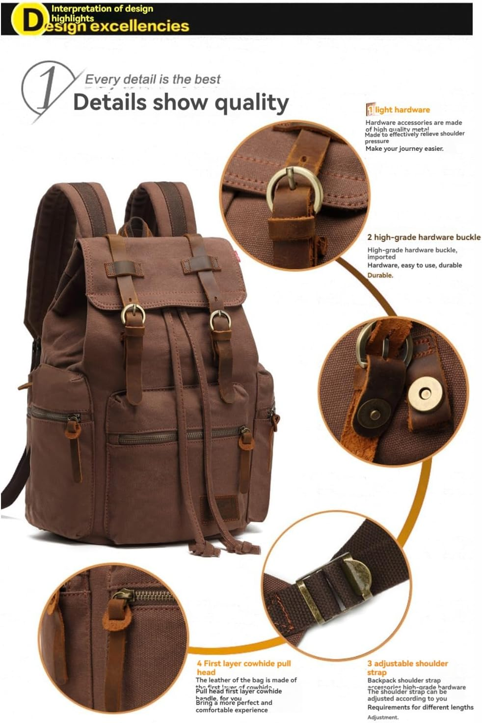 Oimzzr High Ty Canvas Vintage Backpack - for School Travel 12-15" Laptop Backapcks for Men Casual Daypacks Rucksack image number 4