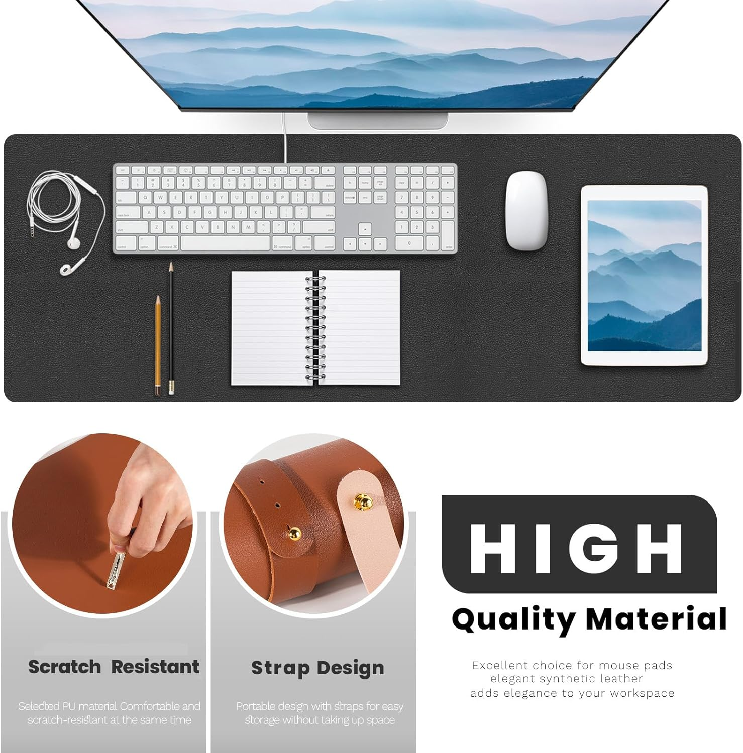 Bagentry Black Leather Desk Mat, Non-Slip Large Computer Desk Pad Protector, Waterproof Office Desk Mouse Pad Blotter for Desktop Keyboard Gaming Home Decor (Black) image number 4