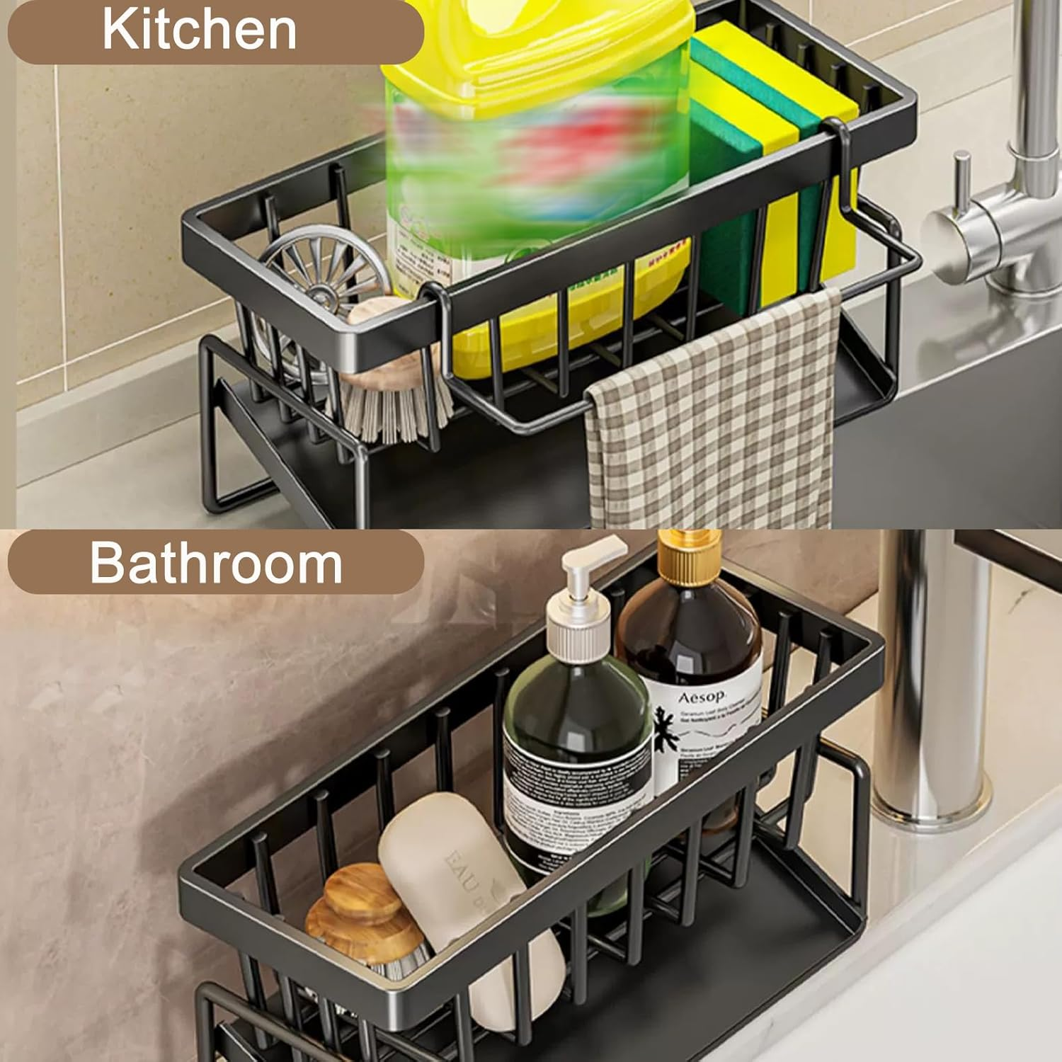 Merrynine Kitchen Sink Caddy Organizer with Brush Holder, Rustproof Stainless Steel Sponge Holder for Kitchen Sink with Self Draining Tray, Dish Soap Scrubber Brush Dishcloth Holder, Black image number 6