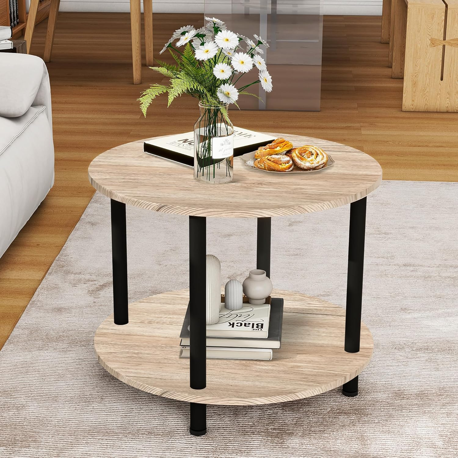 VERFARM 60CM round Coffee Table, 2-Tier Small Circle Coffee Table with Storage, Modern Center Accent Table with Metal Frame, Side Table End Table for Small Space, Living Room, Office, Teak Oak - Black + Rustic Brown image number 5