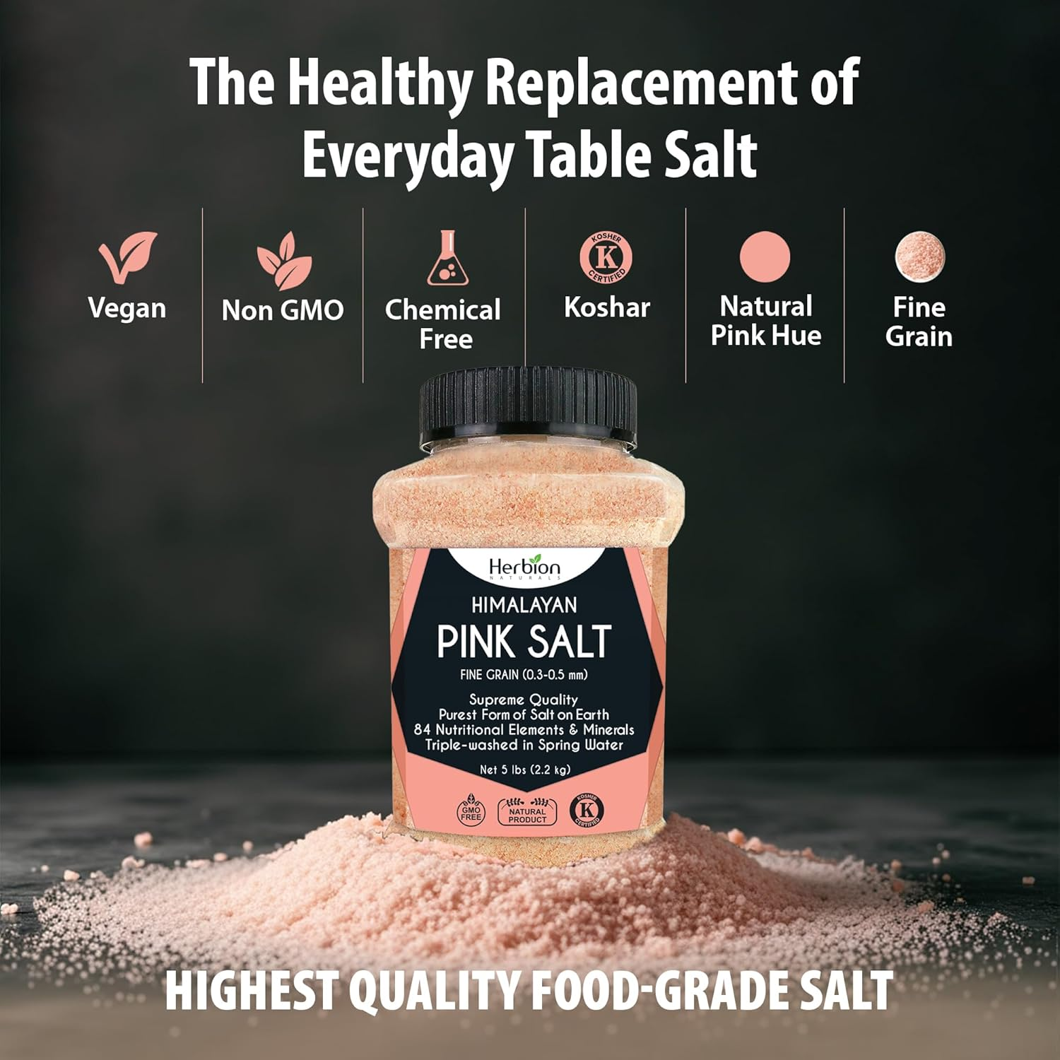 Herbion Naturals Himalayan Pink Salt Jar - Fine Grain, 5 Lbs | Supreme Quality | Triple-Washed| GMO Free, Vegan, Kosher Certified | Chemical Free image number 6