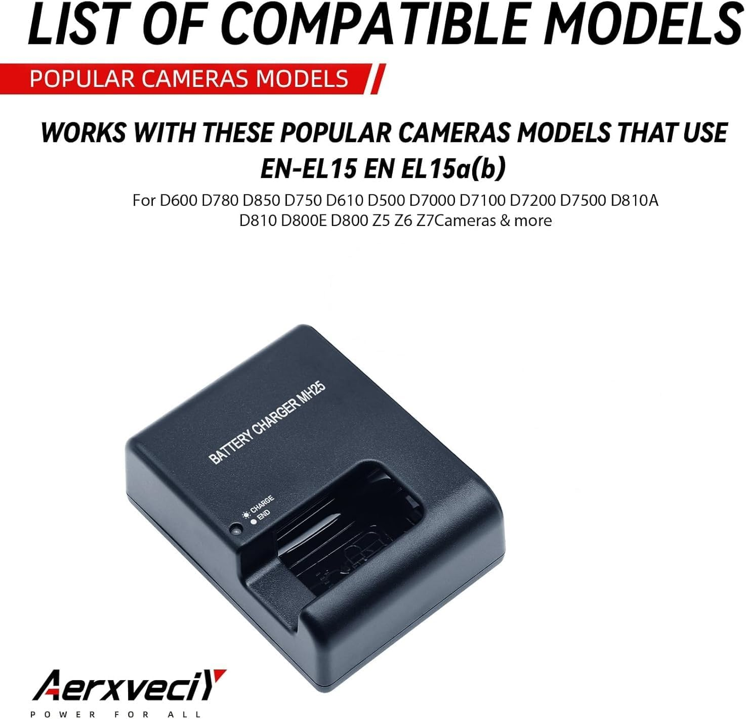 Mh-25(A) Quick Battery Charger Compatible with Nikon EN-EL15 En-El15A En-El15C Batteries for Nikon D500 D600 D610 D750 D780 D800 D810 D850 D7000 Coolpix Z5 Z6 Z7 Digital SLR Cameras Power image number 1