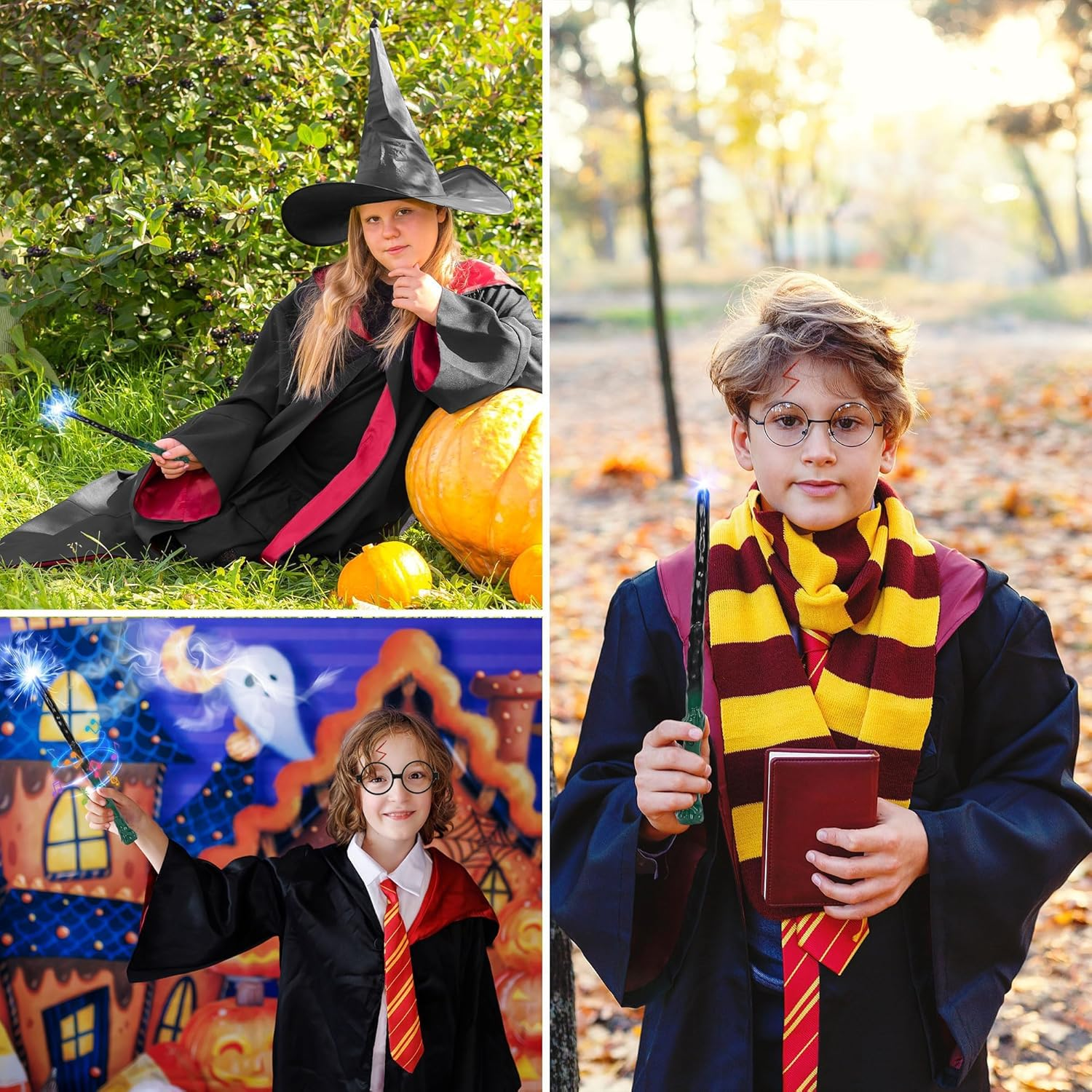 AUTOWT Kids Wizard Cloak Costume Set, 6Pc Magician Robe Outfits with Hooded Cape Hat Wand Scarf Glasses Tie Movie Dress up Accessory Boys Girls School Carnival Halloween Cosplay