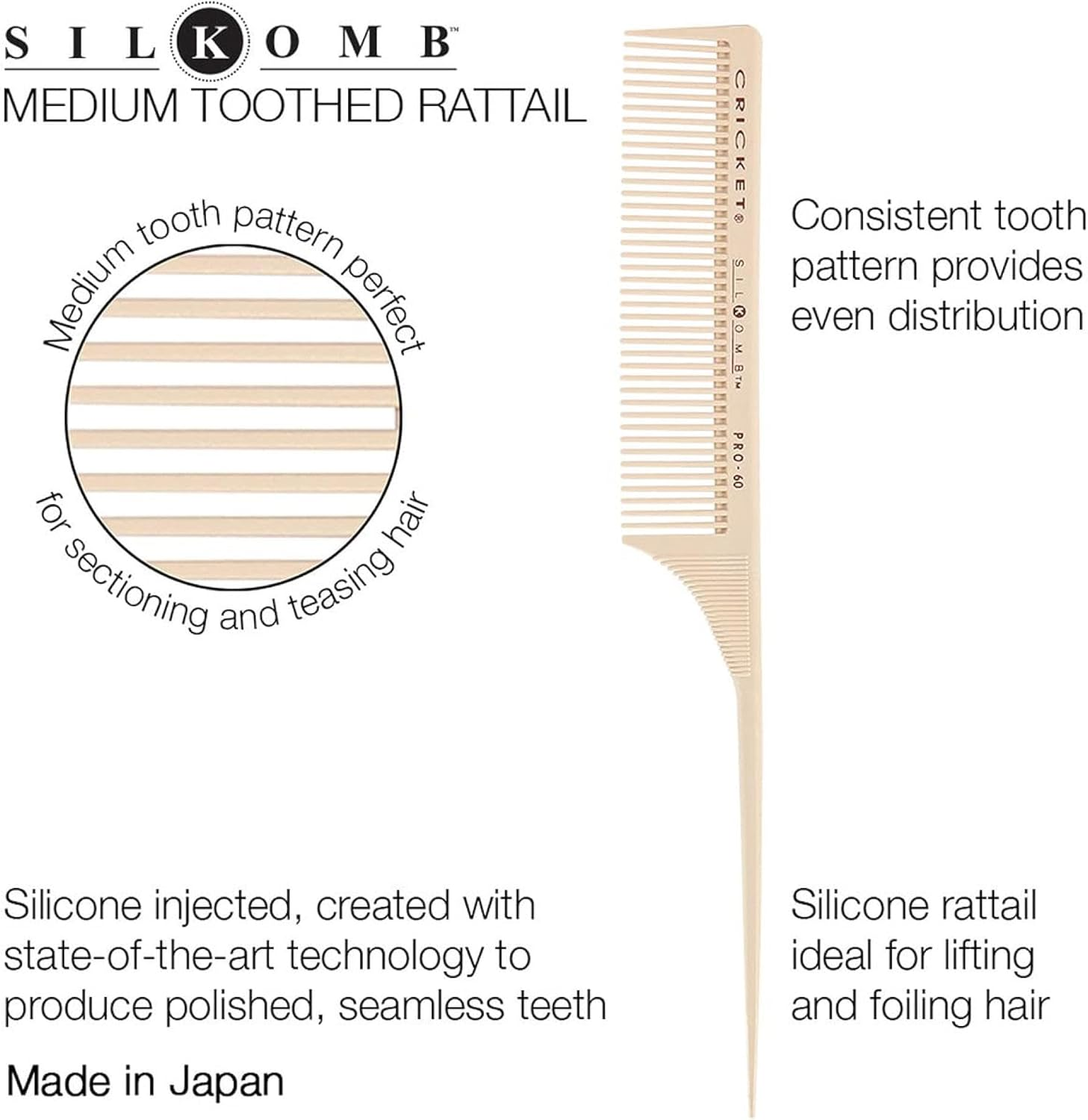 Cricket Silkomb Pro-60 Medium Tooth Rattail Professional Hair Stylist Comb for Teasing Sectioning Parting Lifting Styling Coloring Hair image number 2