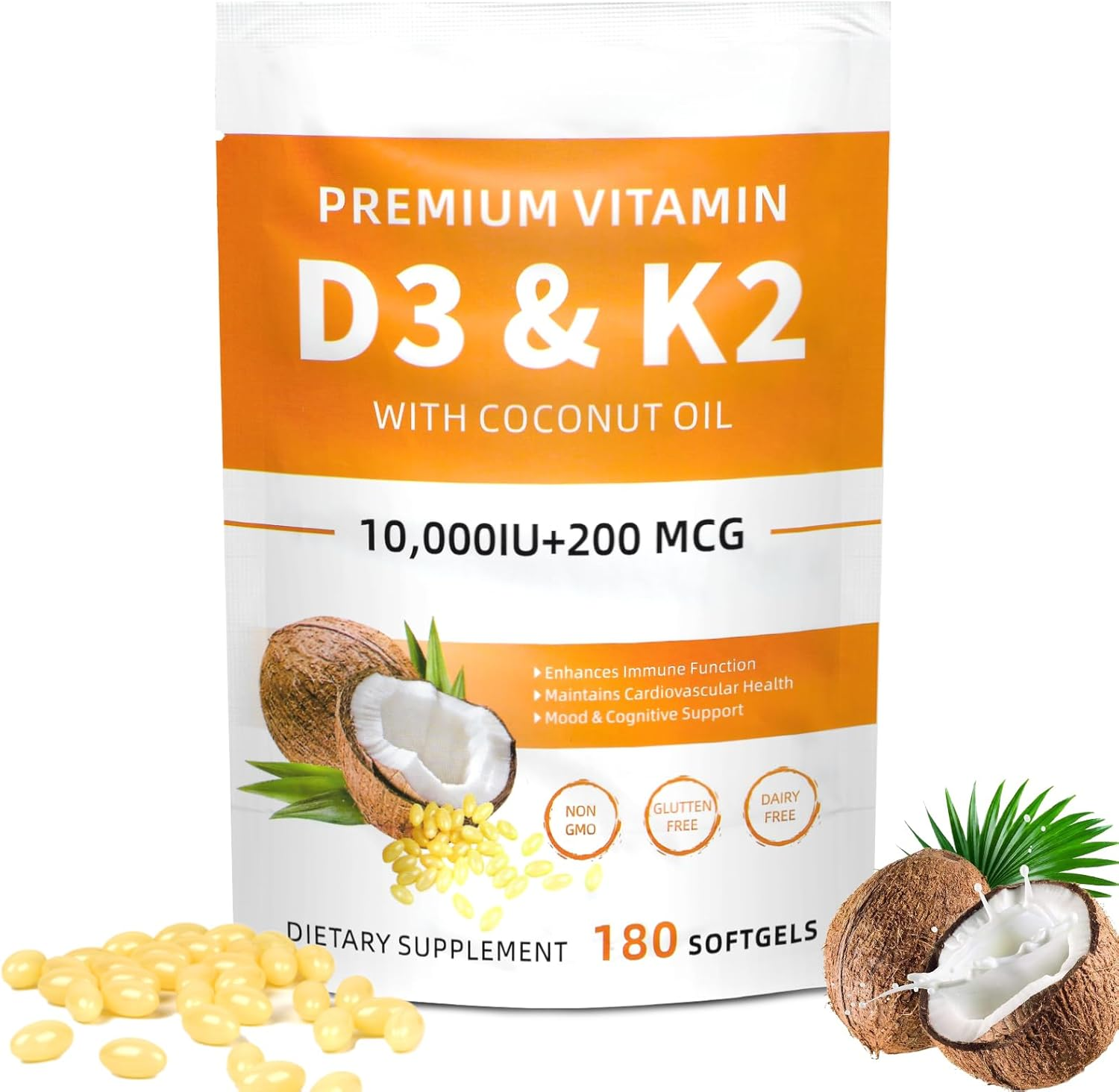 Vitamin D3 K2 Supplement Softgels, 180 Softgels, 2 in 1 Vitamin D3 with K2,Vitamins D3 K2 10,000 IU Supplement Coconut Oil Softgels, GMO Gluten and Sugar Free,Protects Bone and Cardiovascular Health image number 3