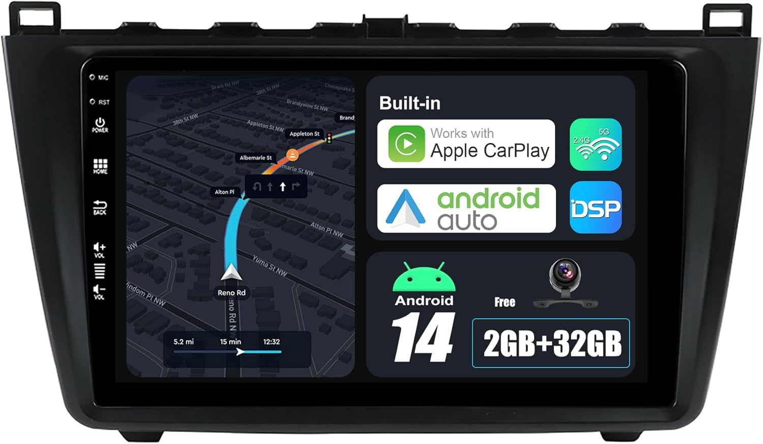 Android 14 IPS Car Stereo for Mazda 6 Rui Wing (2007-2012) - 2G+32G - Wireless Carplay/Android Auto - Rear Camera Free - 9 Inch 2 Din DAB Steering Wheel Fast-Boot DSP Bluetooth Wifi GPS Navi image number 2