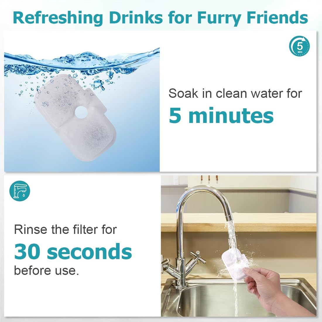 KIRZAX Pack of 4 Cat Fountain Filter Set, Replacement Filters & Sponges for WF106/WF116/WF105/WF115/WF005/WF305, 2-Month Set, Easy Interchangeable for Cat Drinking Fountain image number 3