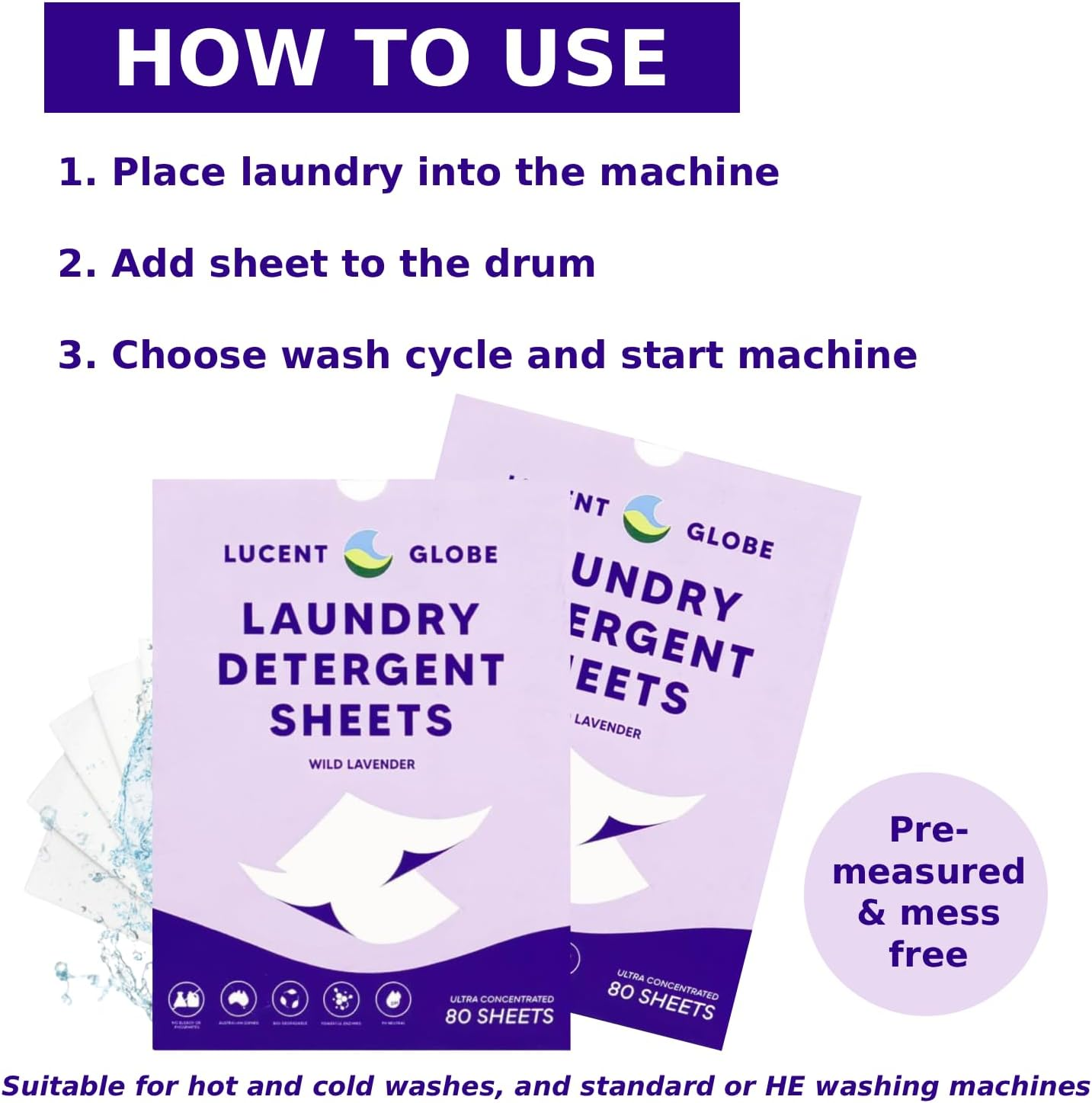 Lucent Globe Laundry Detergent Sheets &ndash; Lavender Scent &ndash; 80 Count &ndash; Eco-Friendly, Plastic-Free, Pre-Measured, Zero Mess &ndash; Limited Edition Laundry Sheets for All Machines image number 2