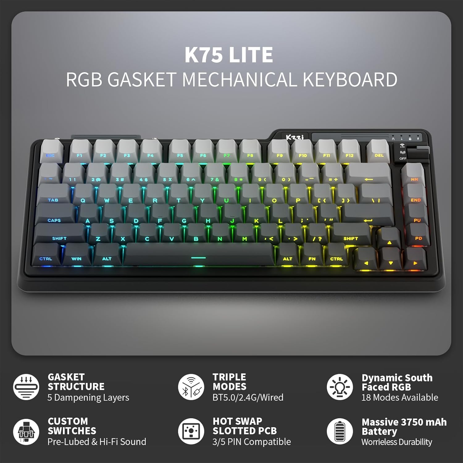 KZZI K75 Lite 75% Gasket Wireless Mechanical Keyboard, RGB Gaming Keyboard W/ 3-Mode Knob BT 5.0/2.4G/USB-C Wired, Hot Swappable, PBT Keycaps, 5-Layer Padding & Creamy Pre-Lubed Custom Linear Switches