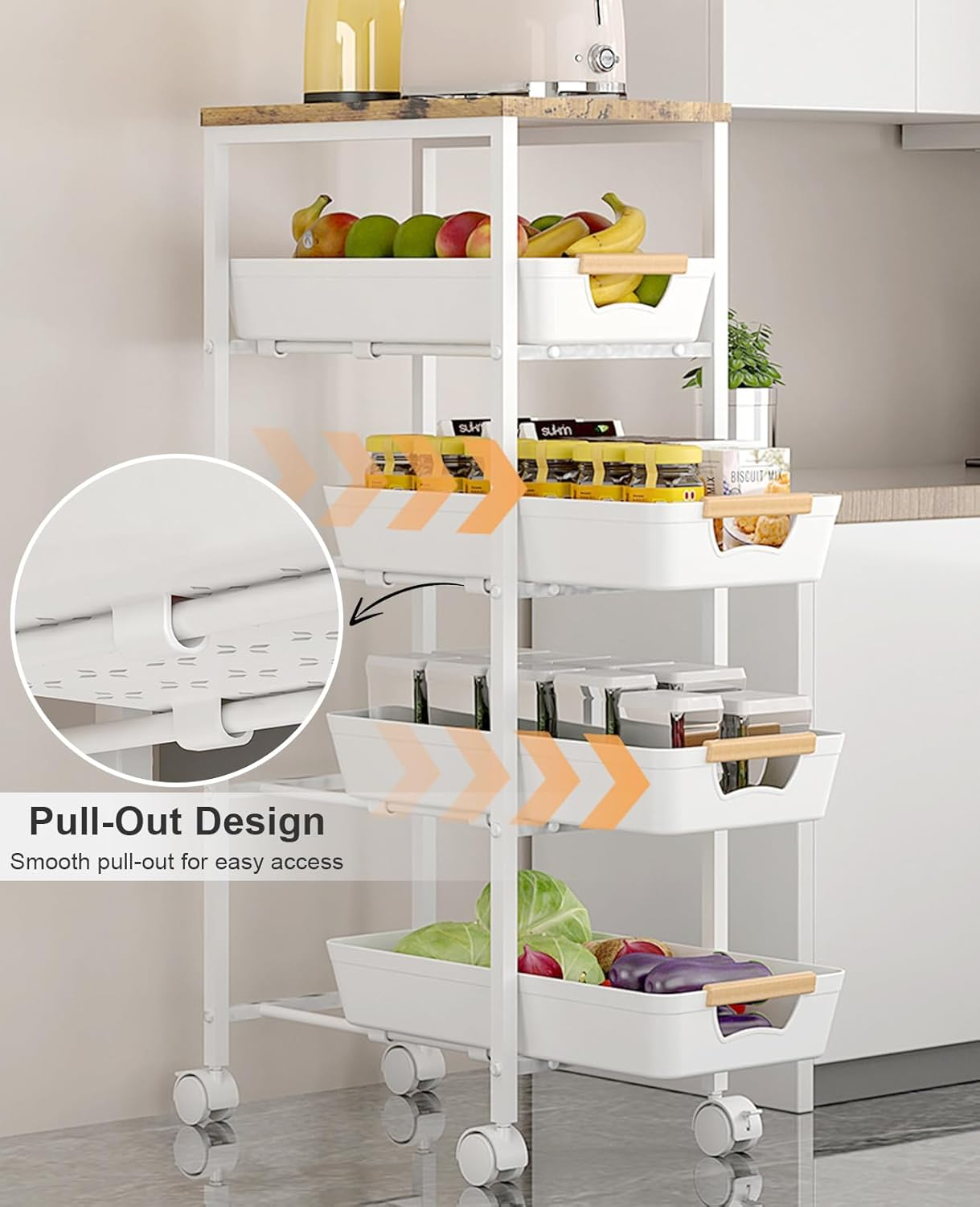 5-Tier Kitchen Storage Cart, Narrow Rolling Storage Cart with Wooden Top, Versatile Mobile Shelving Unit Trolley, Metal Utility Carts with Pull-Out Drawer for Pantry, Bathroom, Kitchen, Office (White)