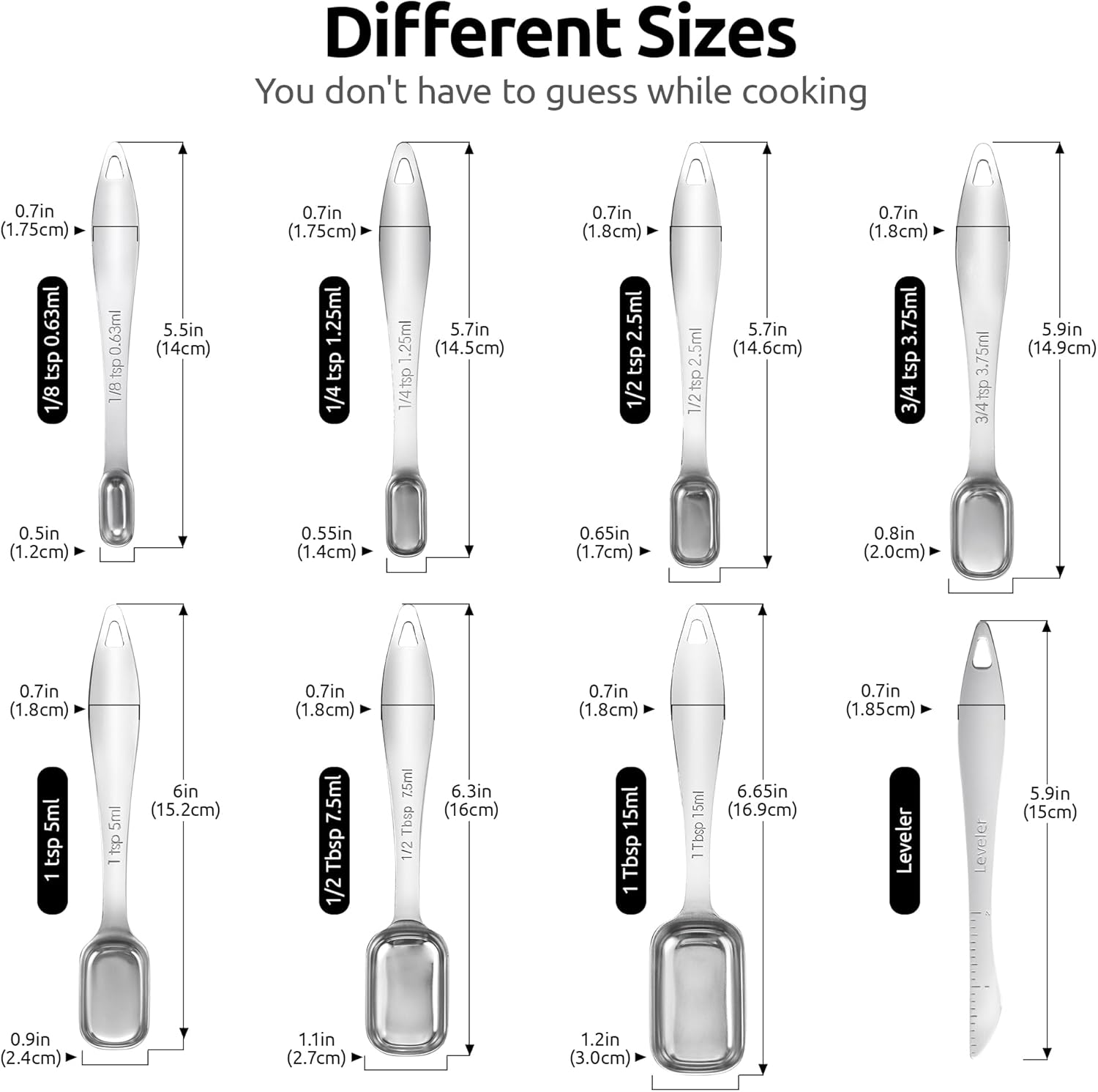 U-Taste 18/8 Stainless Steel Rectangular Measuring Spoons: Narrow Square Measure Teaspoon Tablespoon with Leveler, Heavy Duty Kitchen Metal Jar Scoop for Baking Cooking Ingredients (Set of 8) image number 1