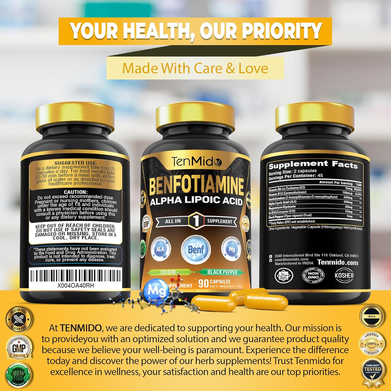 Benfotiamine with Alpha Lipoic Acid (ALA), Coq10, Magnesium Glycinate & B-Complex Supplements - High Absorption - 90 Vegan & Non-Gmo Capsules