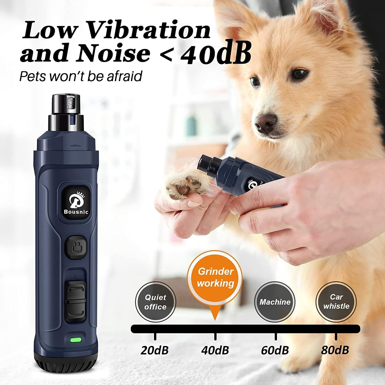 Bousnic Dog Nail Grinder and Clipper Kit - 2-Speed & 2 LED Lights Electric Rechargeable Pet Nail Trimmer Painless Paws Grooming & Smoothing for Small Medium Large Dogs & Cats image number 2