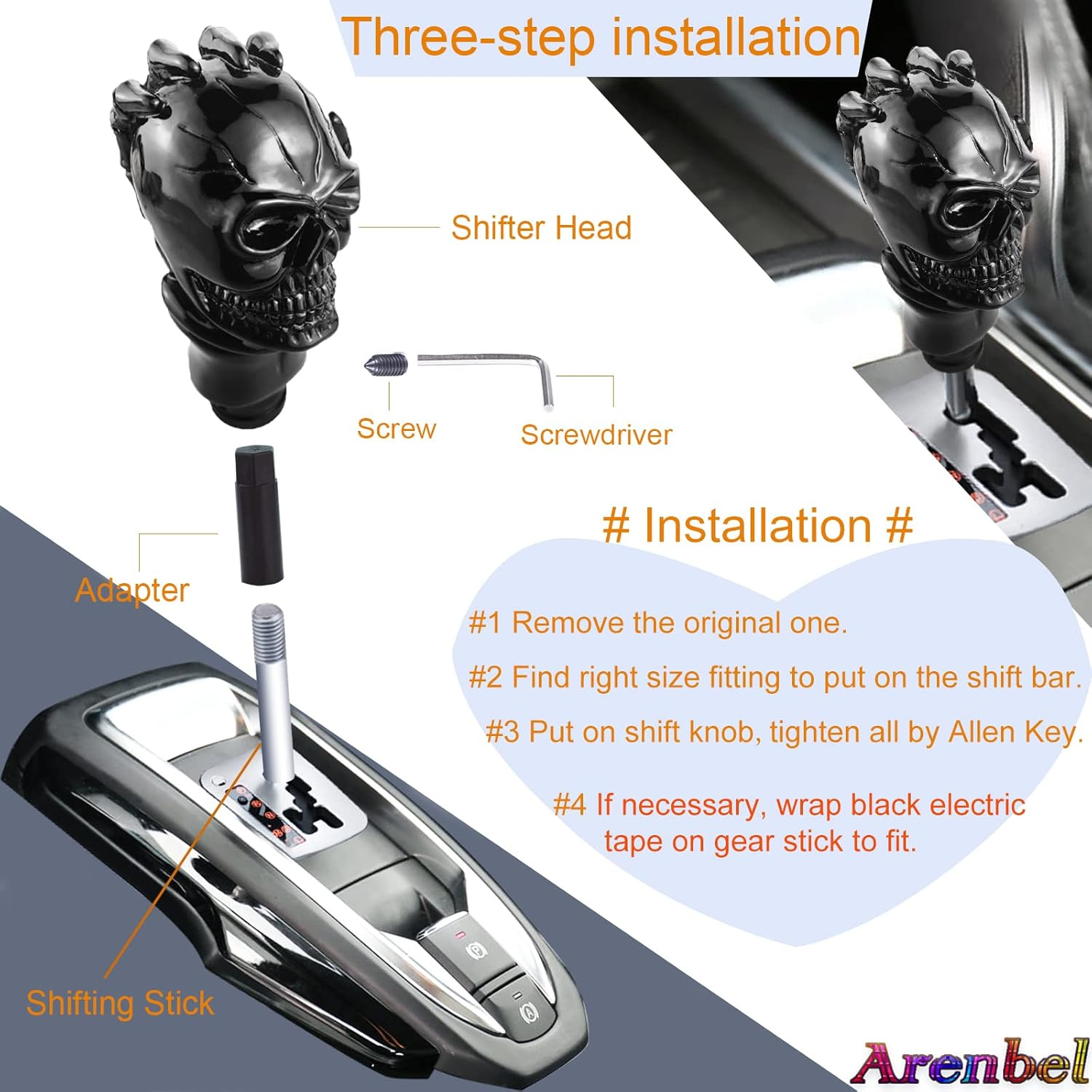 Arenbel New Universal Manual and Automatic Car Gear Stick Shifter Knob Skull Shift Lever Fit Most Cars Black Bone image number 4