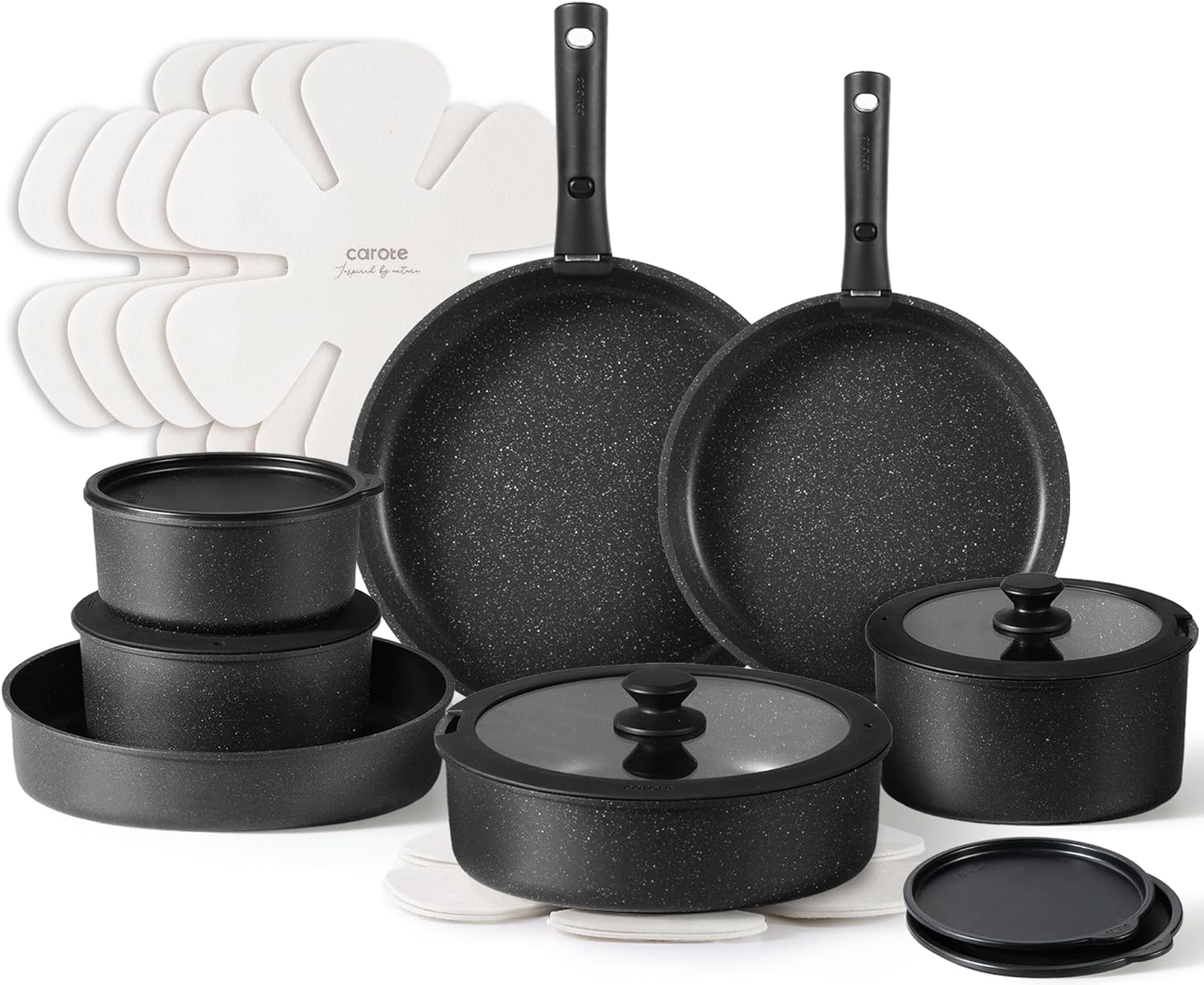 CAROTE 21Pcs Detachable Handle Pots and Pan Set, Nonstick Induction Cookware, Removable Handle, RV Oven Safe Cookware, Midnight Black, A07995 image number 2