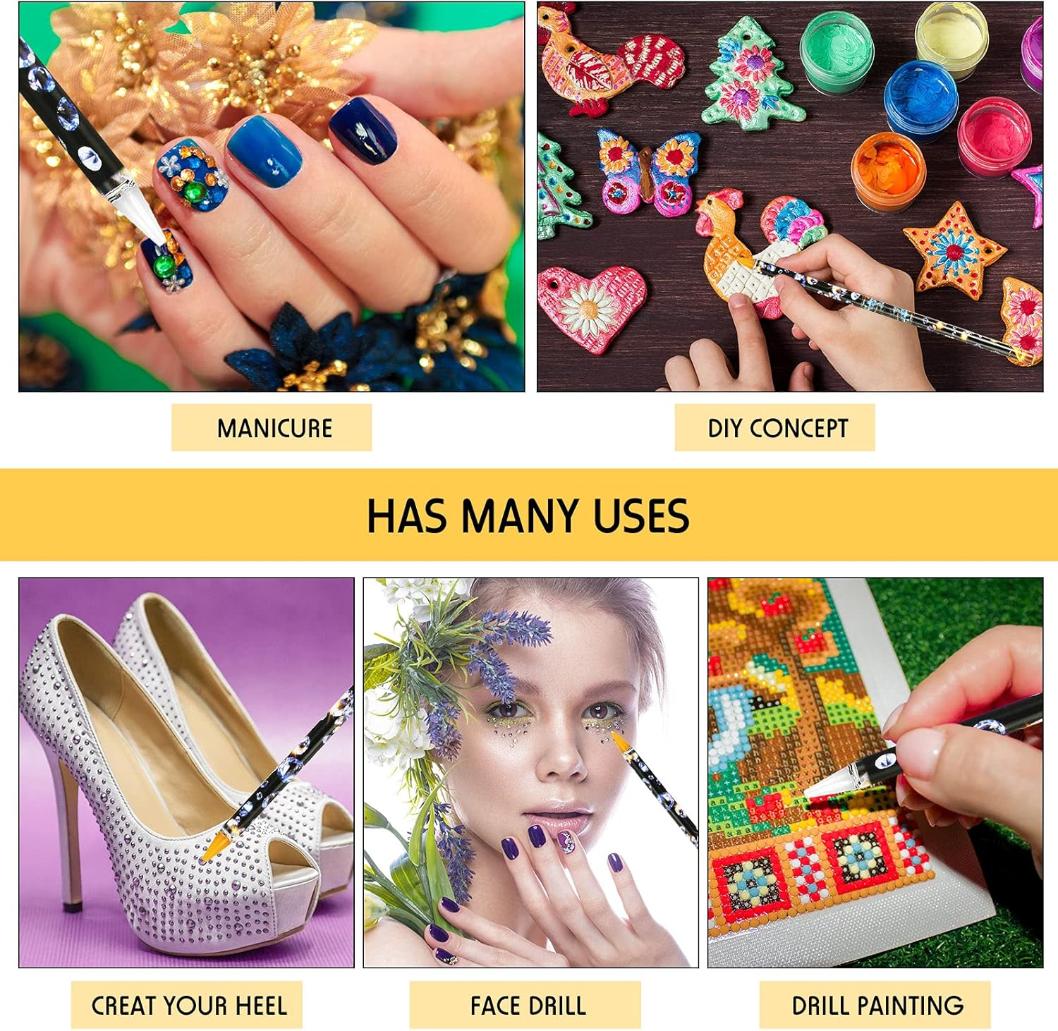 20 Pcs Rhinestone Picker Pen Set, 16 Yellow and White Self Adhesive Nail Dotting Wax Pen with 4 Triangular Bead Separator, Crystal Pick up Tools for Nail Art Diamond Painting image number 5