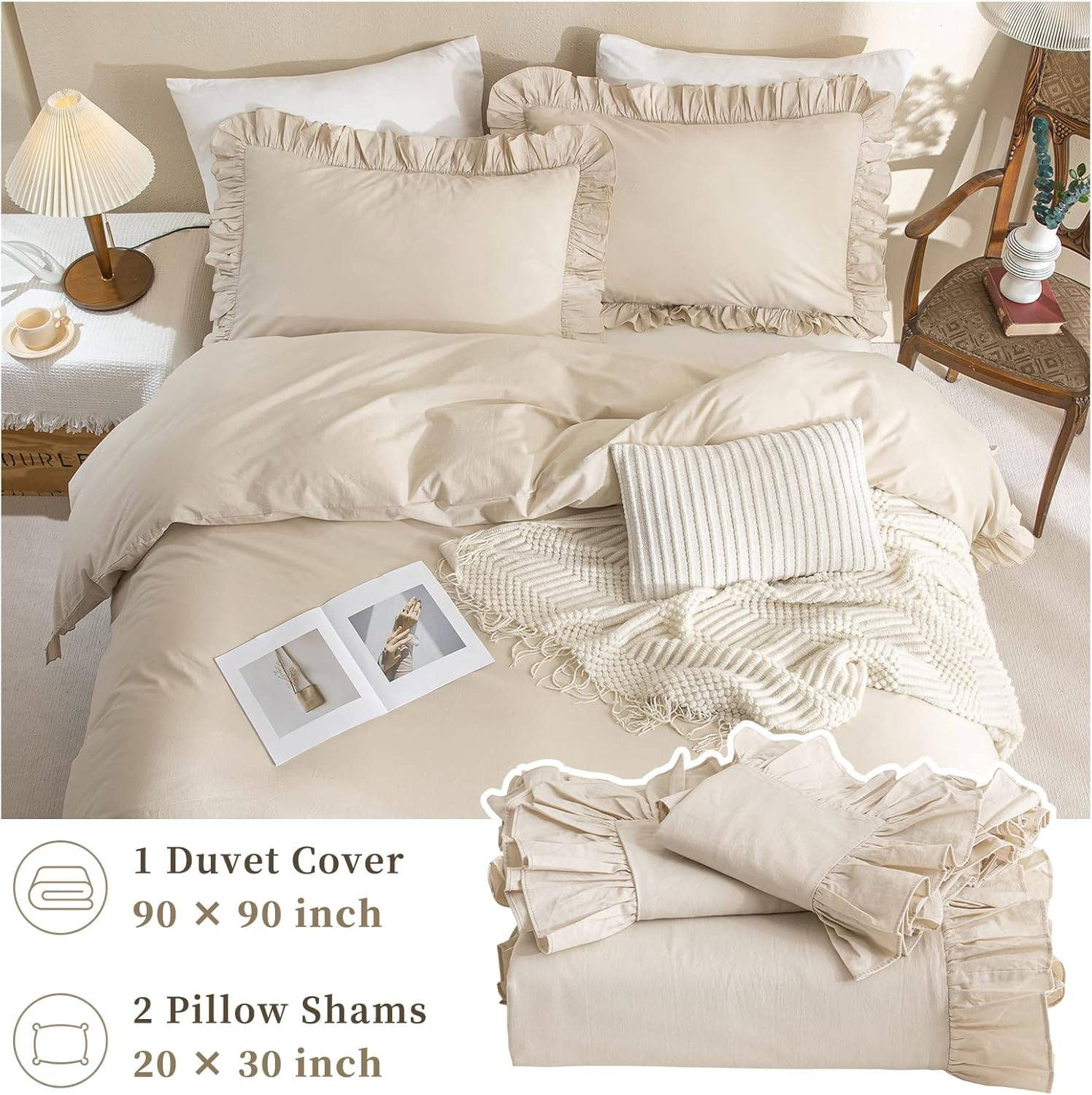 QSH 100% Cotton Queen Duvet Cover Set,Ruffle Duvet Cover Linen Feel Textured Farmhouse Shabby Vintage Chic Bedding Comforter Cover 3 Pieces Aesthetic French Country Queen Bed Set Soft Breathable image number 1