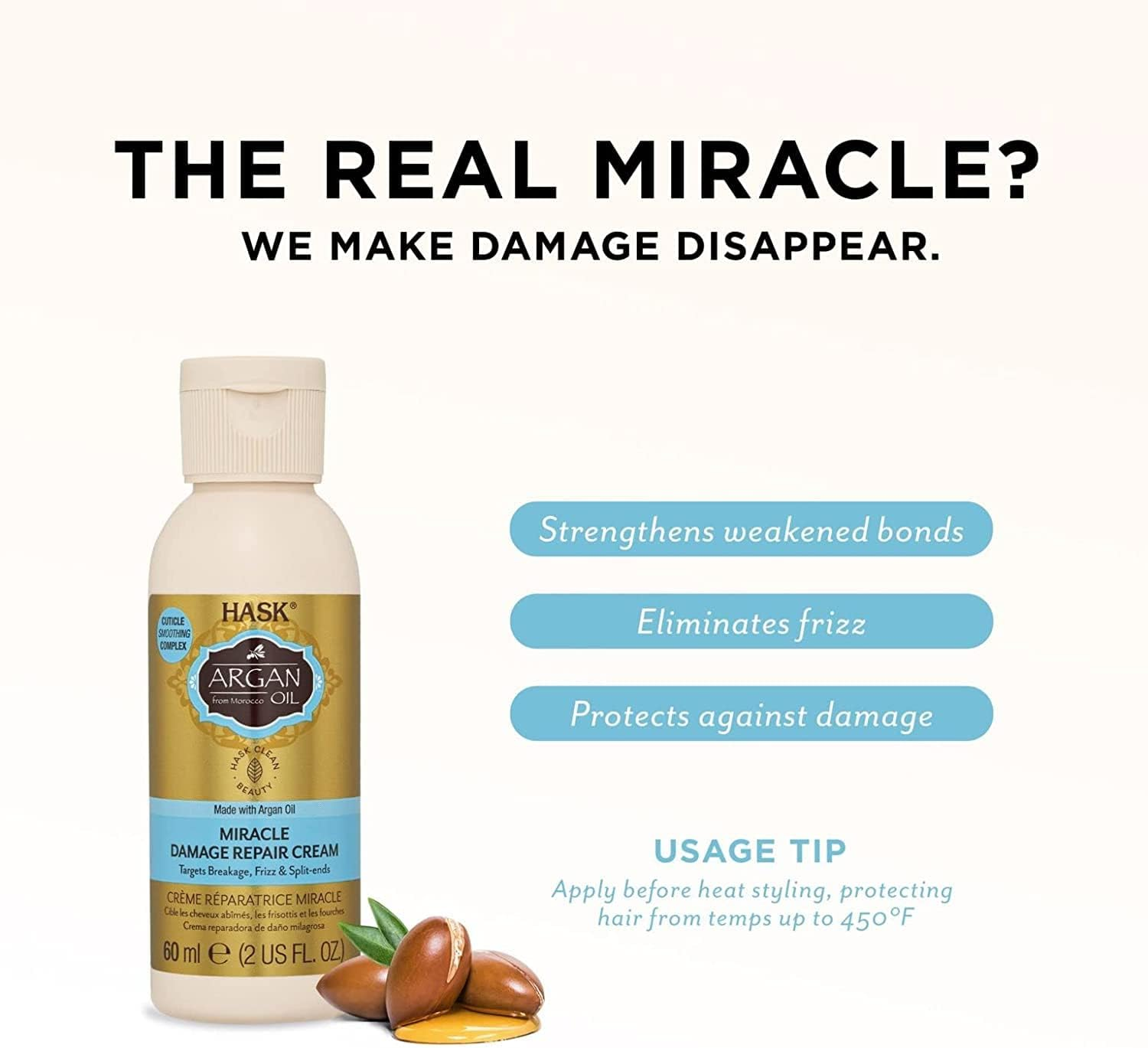 HASK Argan Oil Miracle Damage Repair Cream for All Hair Types, Colour Safe, Gluten-Free, Sulfate-Free, Paraben-Free - 1 60Ml Bottle image number 5